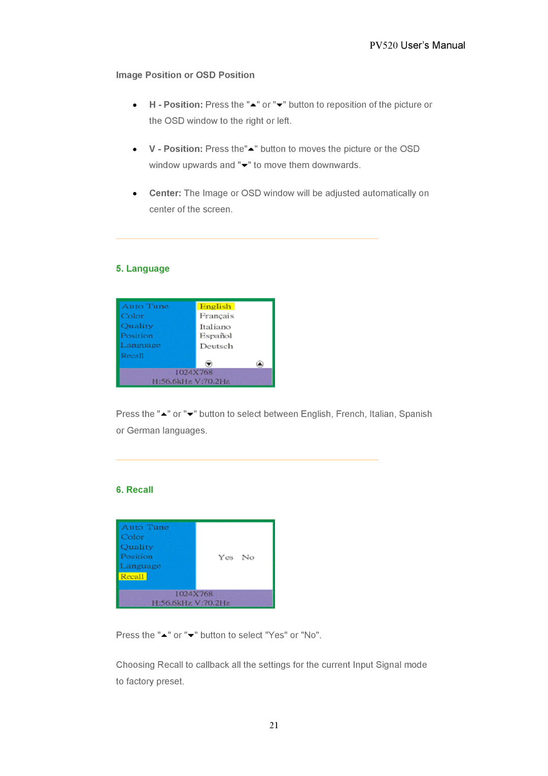 CTX PV520 user manual Image Position or OSD Position, Language 