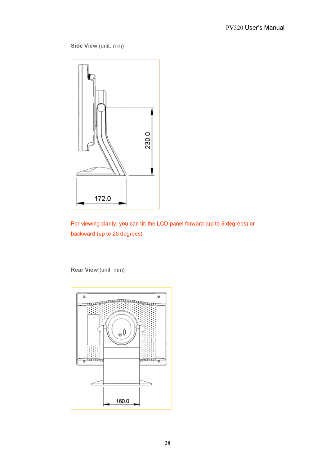 CTX PV520 user manual Side View unit mm, Rear View unit mm 