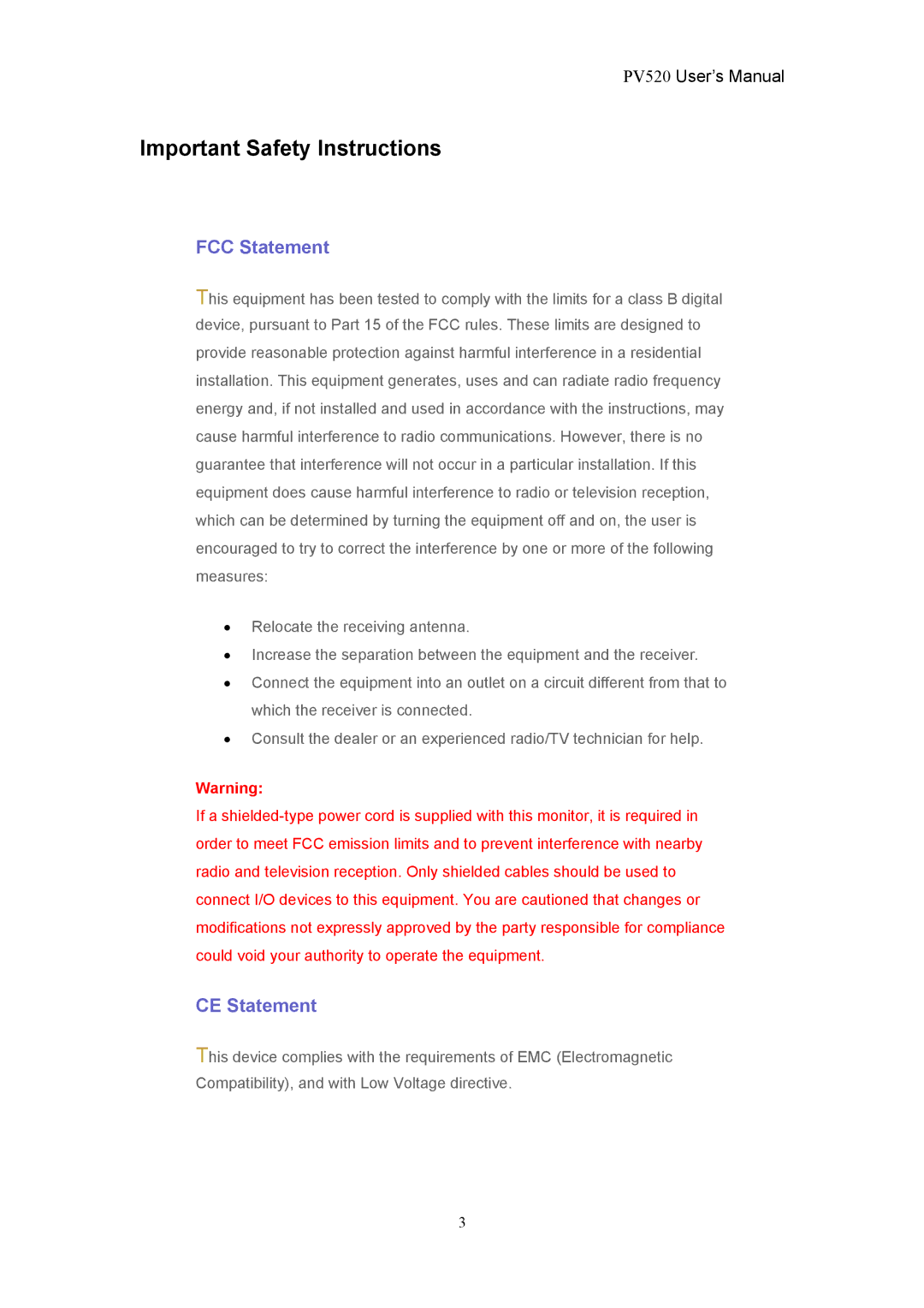 CTX PV520 user manual Important Safety Instructions, FCC Statement, CE Statement 