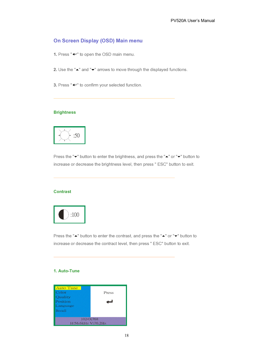 CTX PV520A user manual On Screen Display OSD Main menu, Brightness 