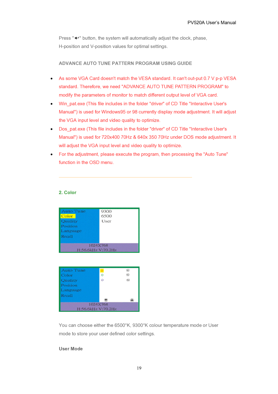 CTX PV520A user manual Advance Auto Tune Pattern Program Using Guide, User Mode 