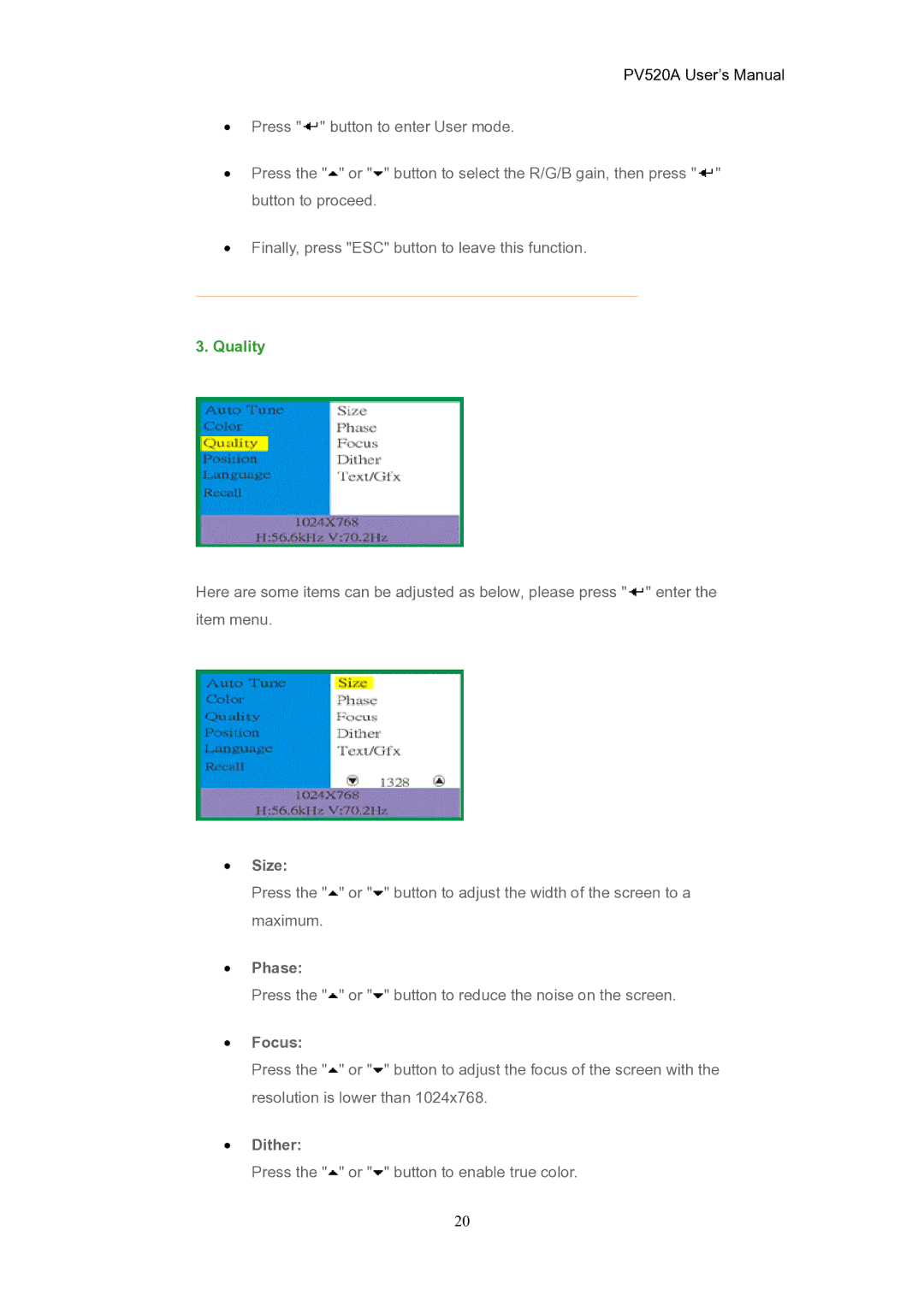 CTX PV520A user manual Size, Phase, Focus, Dither 