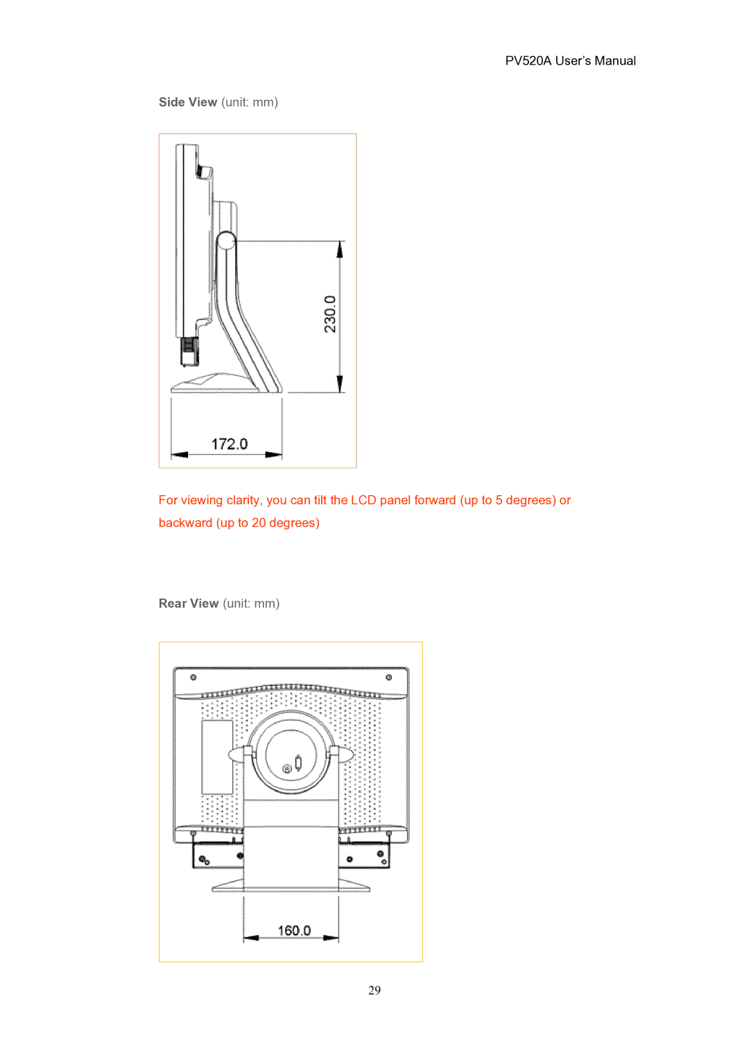 CTX PV520A user manual Side View unit mm, Rear View unit mm 