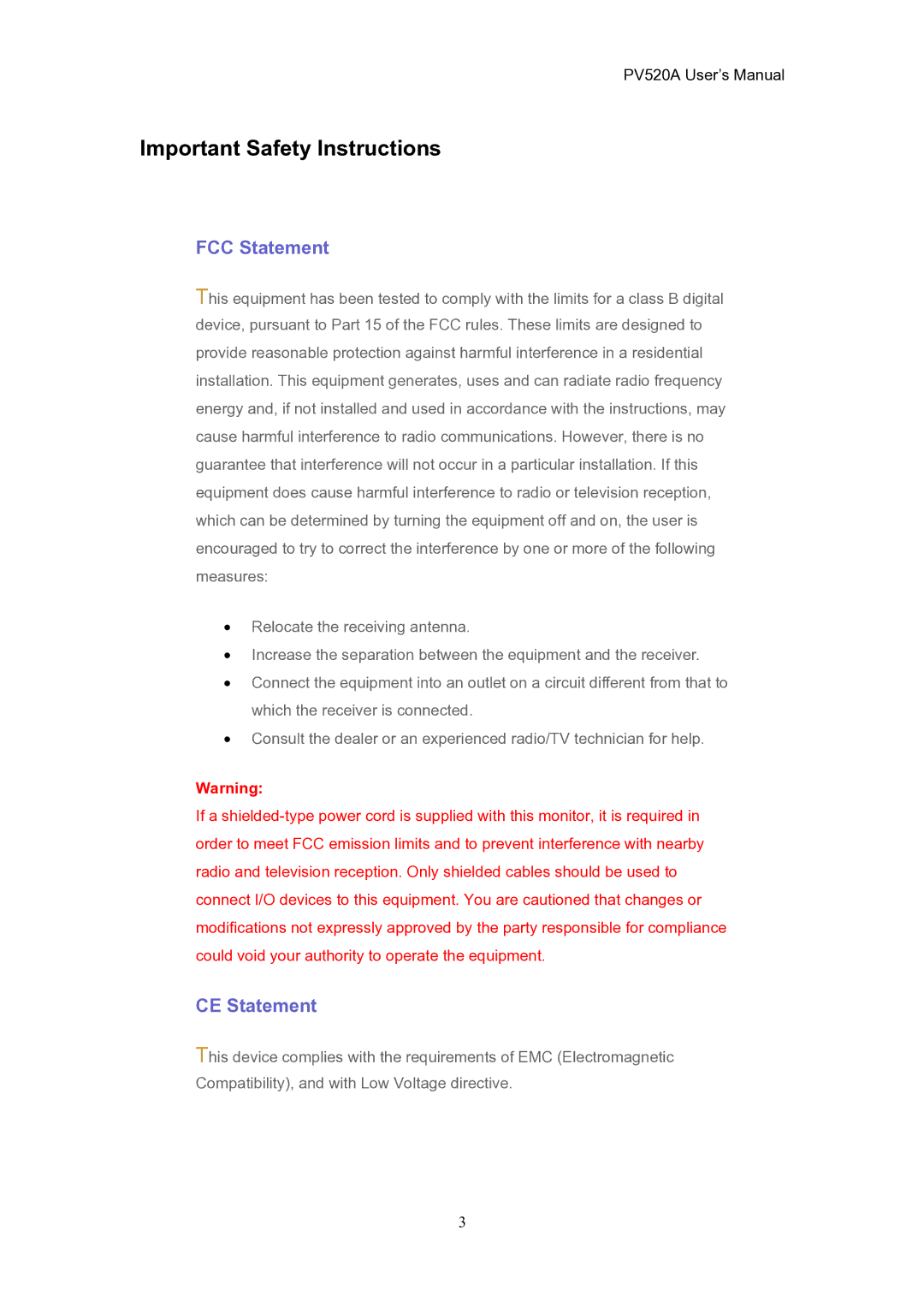 CTX PV520A user manual Important Safety Instructions, FCC Statement, CE Statement 