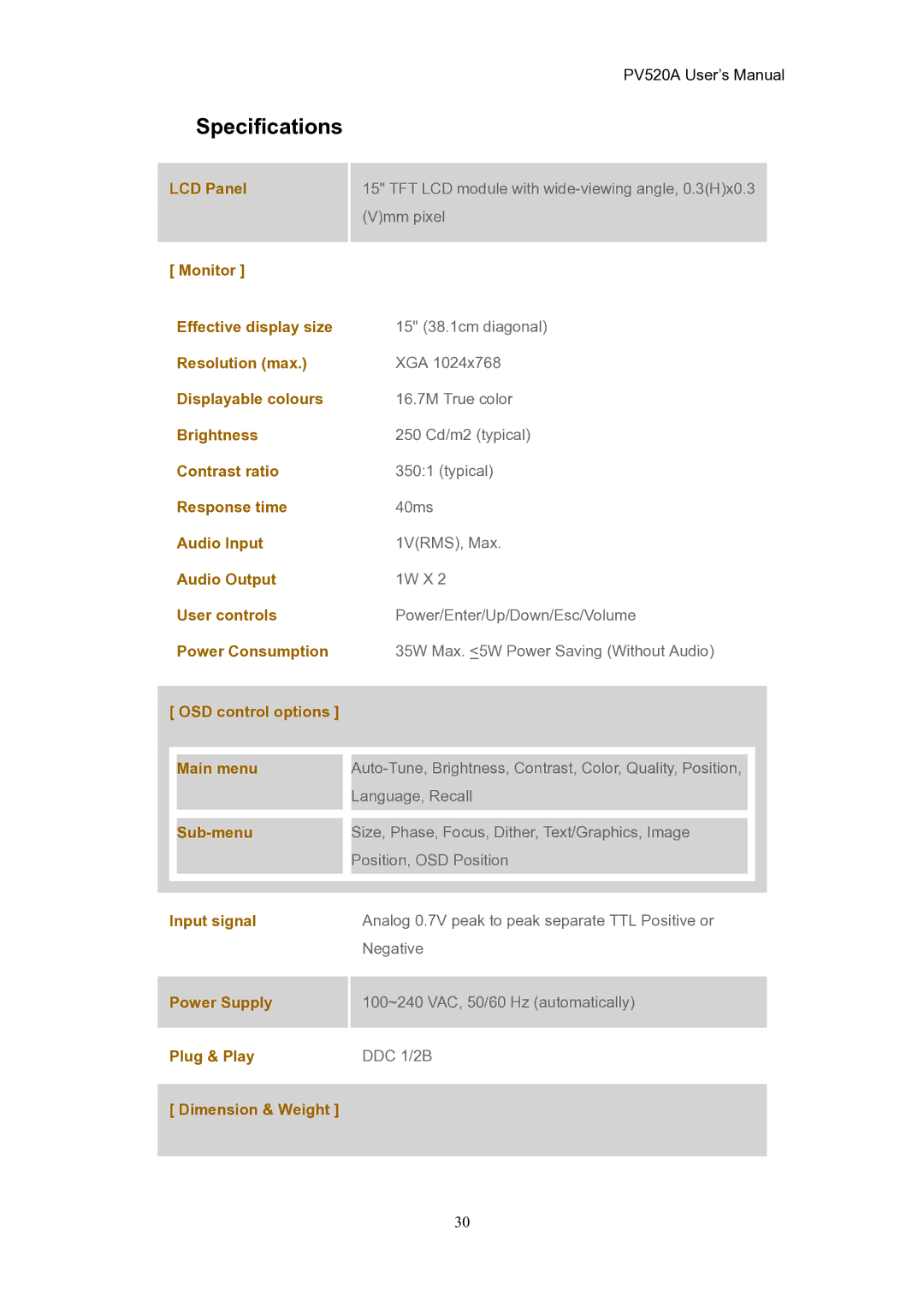 CTX PV520A user manual Specifications 