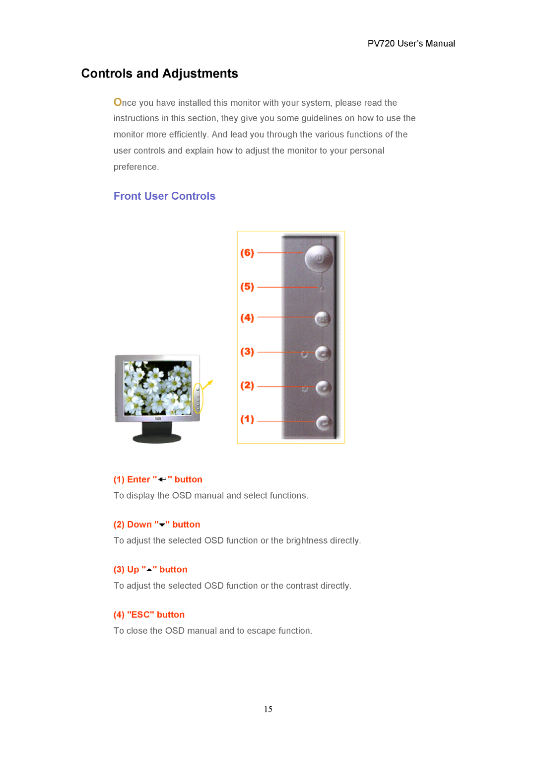 CTX PV720 user manual Controls and Adjustments, Front User Controls 