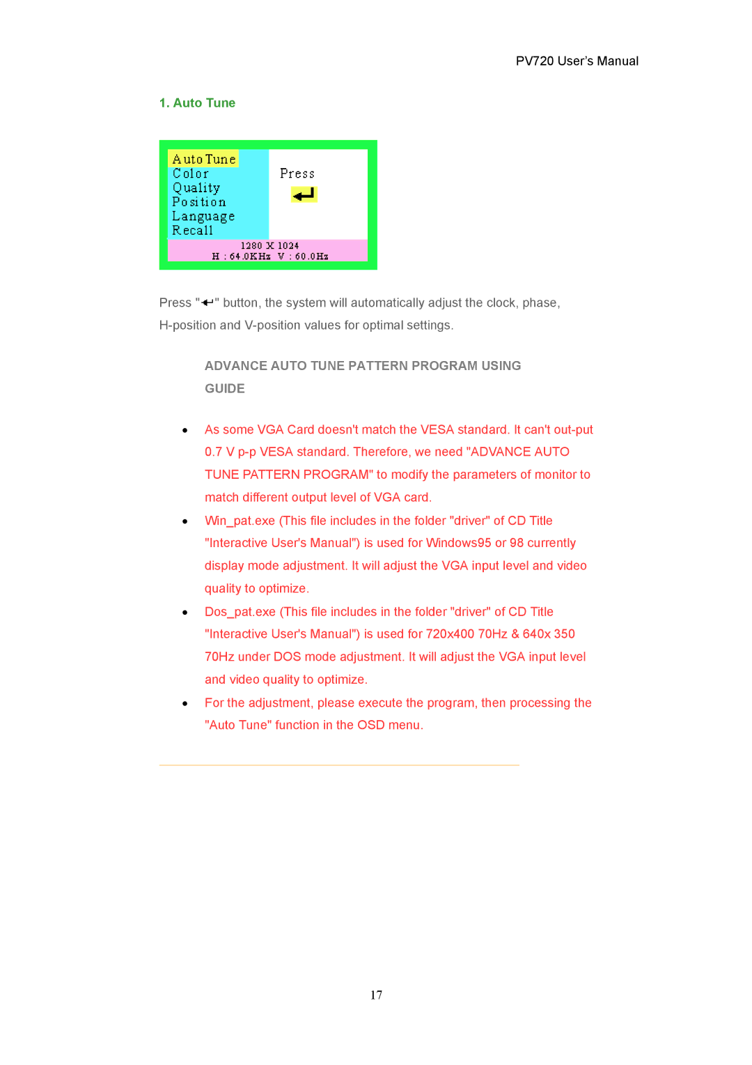 CTX PV720 user manual Advance Auto Tune Pattern Program Using Guide 