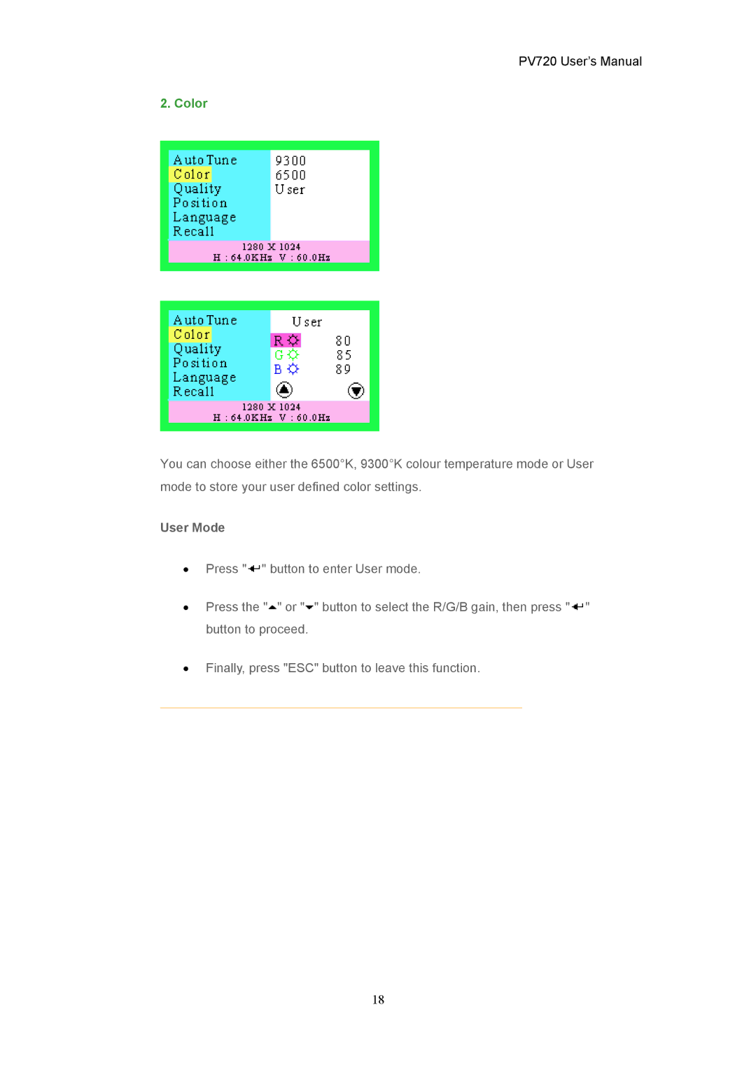 CTX PV720 user manual Color, User Mode 