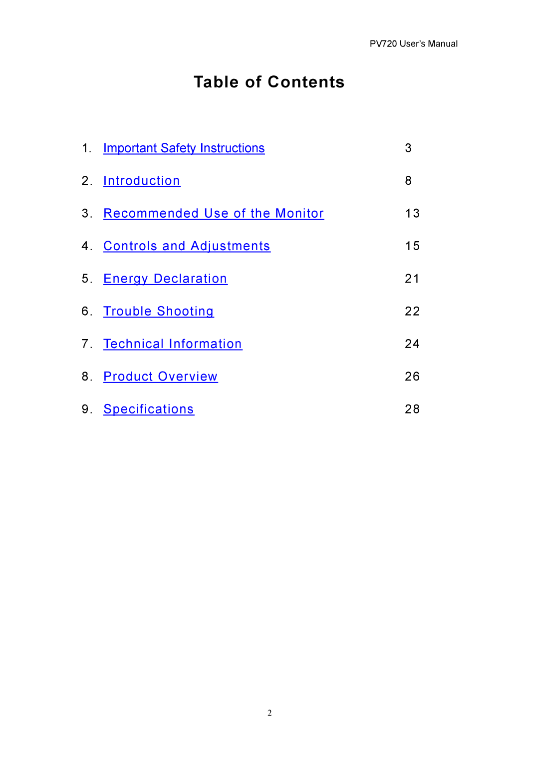 CTX PV720 user manual Table of Contents 