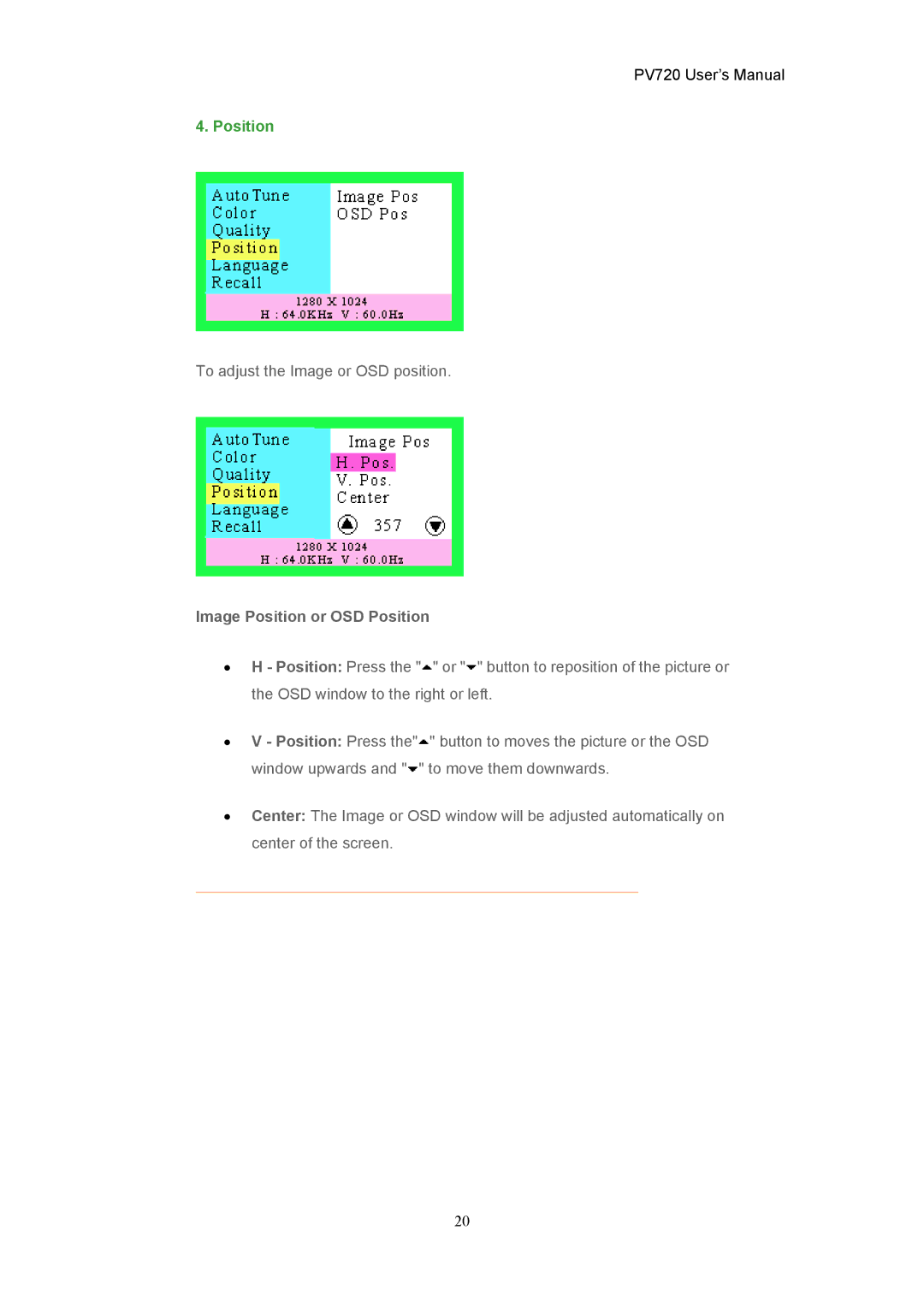 CTX PV720 user manual Image Position or OSD Position 