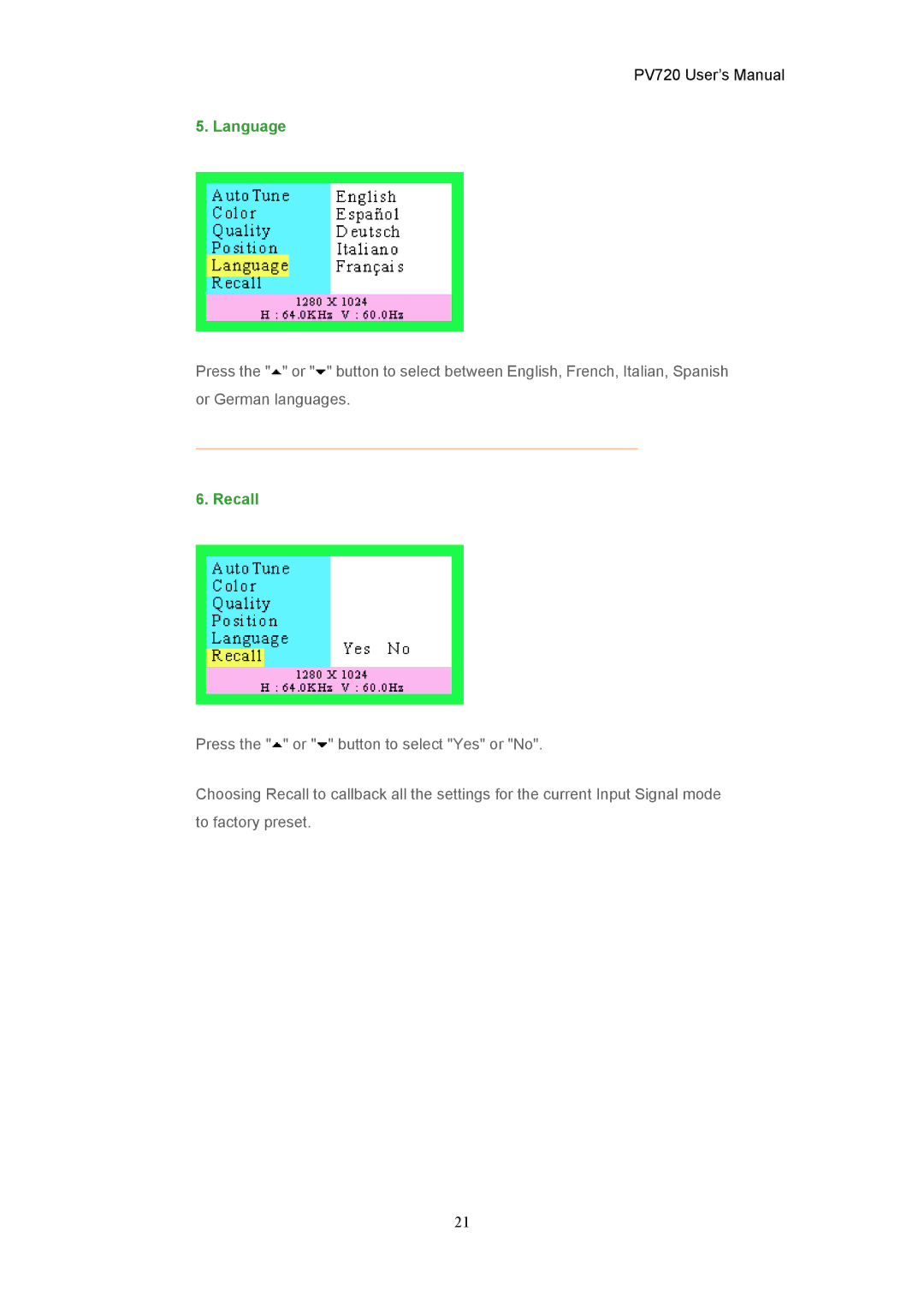 CTX PV720 user manual Language 