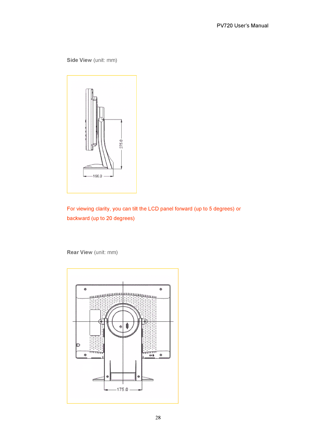 CTX PV720 user manual Side View unit mm, Rear View unit mm 