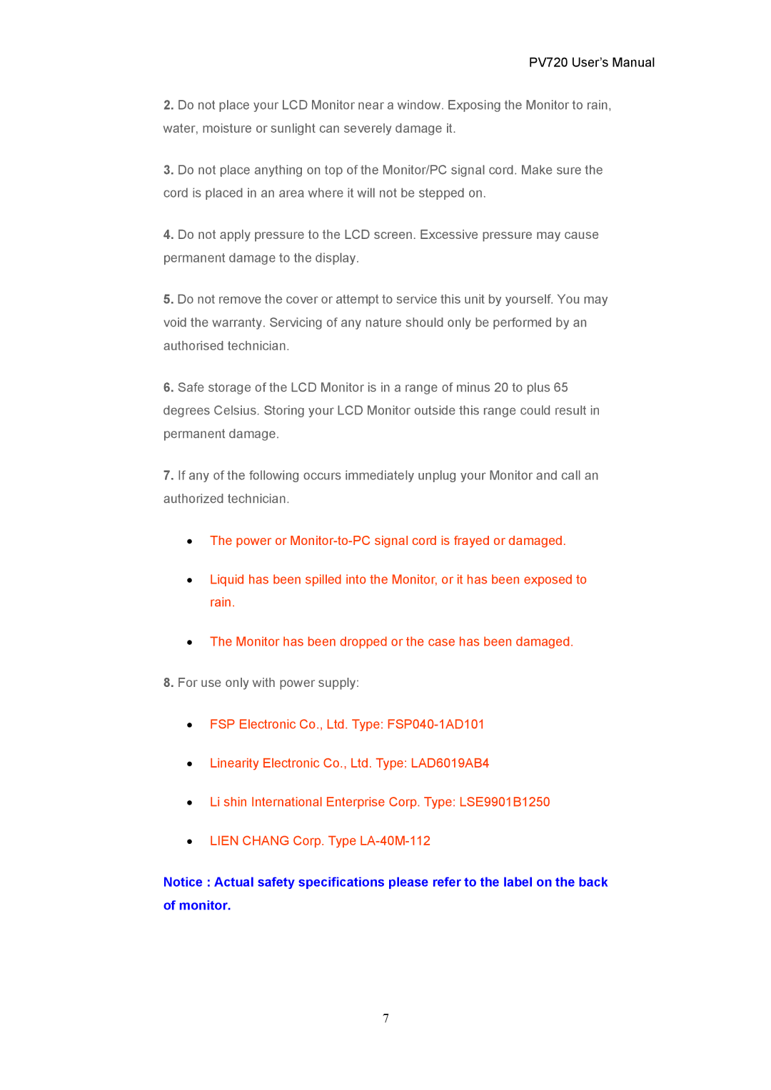 CTX PV720 user manual For use only with power supply 