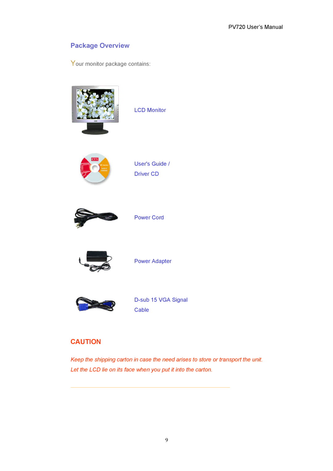 CTX PV720 user manual Package Overview 