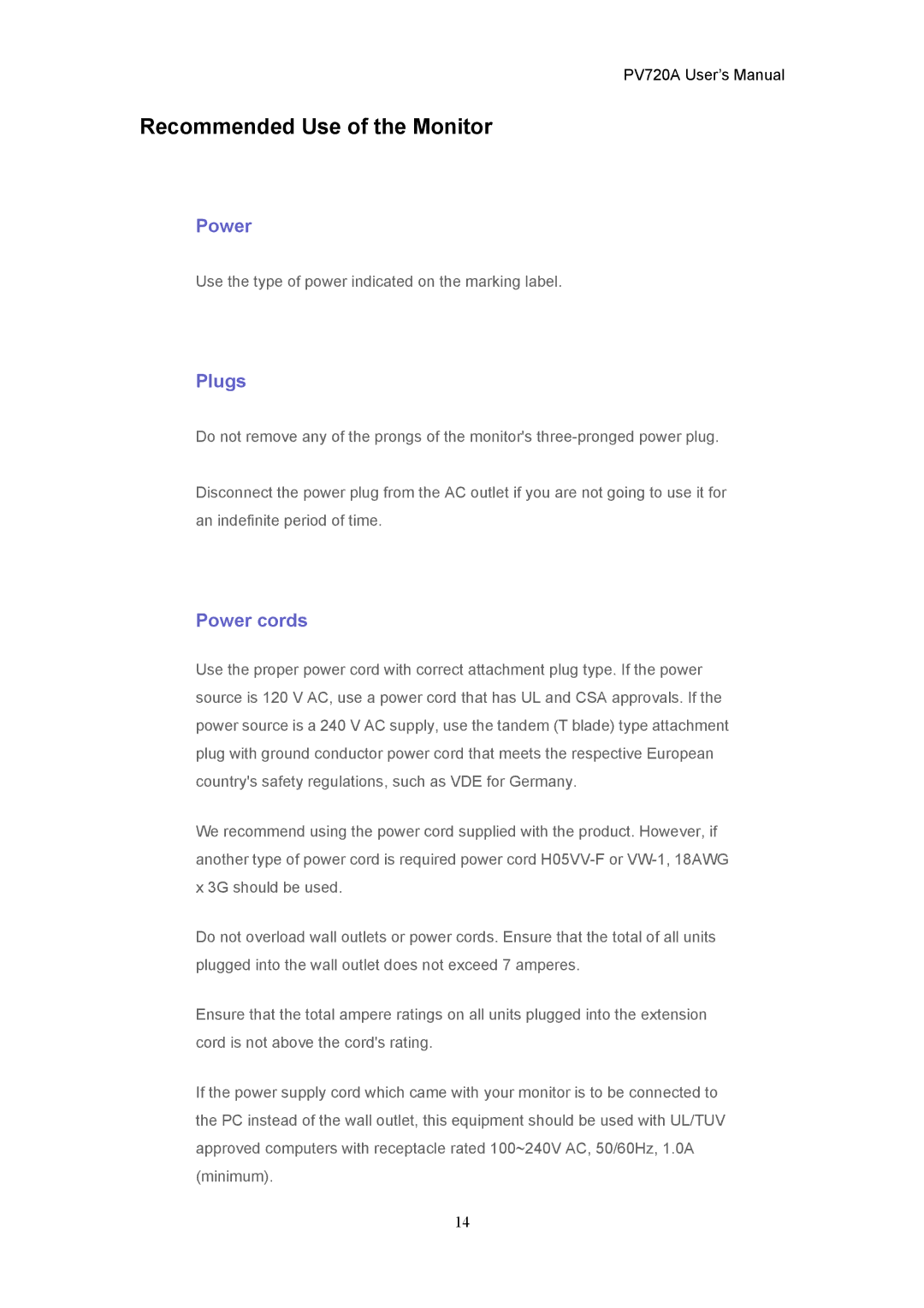 CTX PV720A user manual Recommended Use of the Monitor, Plugs, Power cords 