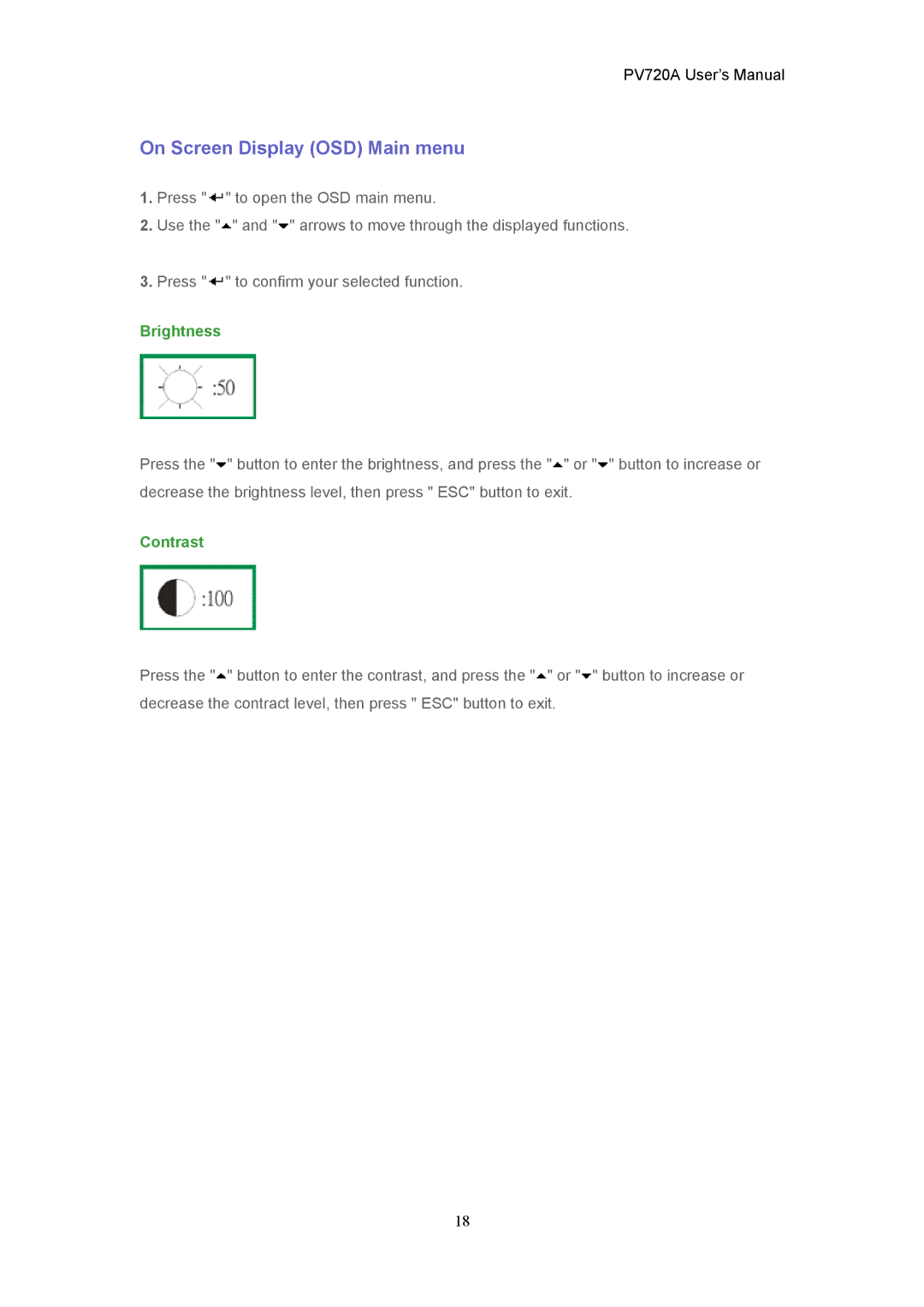 CTX PV720A user manual On Screen Display OSD Main menu, Brightness, Contrast 