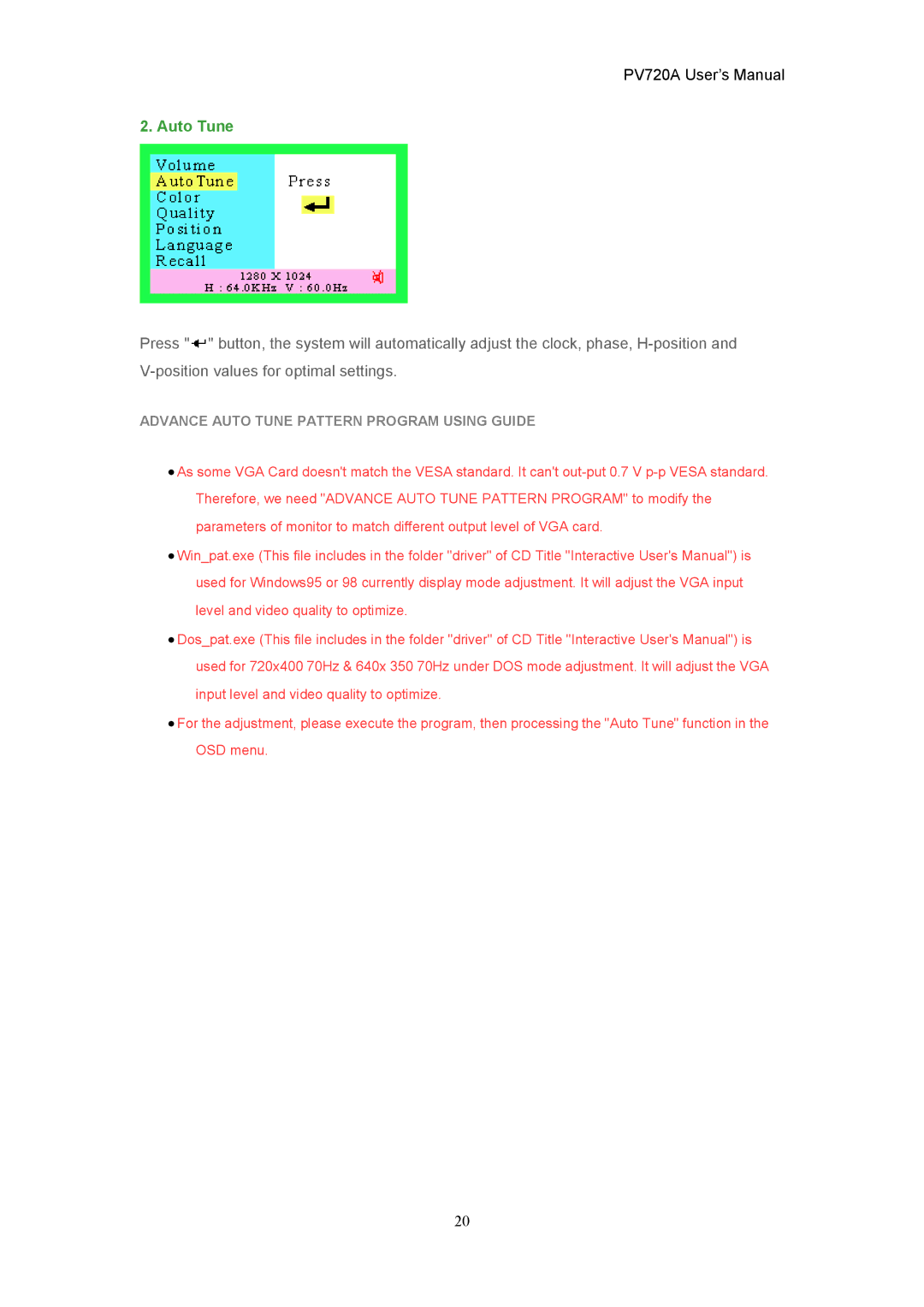 CTX PV720A user manual Advance Auto Tune Pattern Program Using Guide 