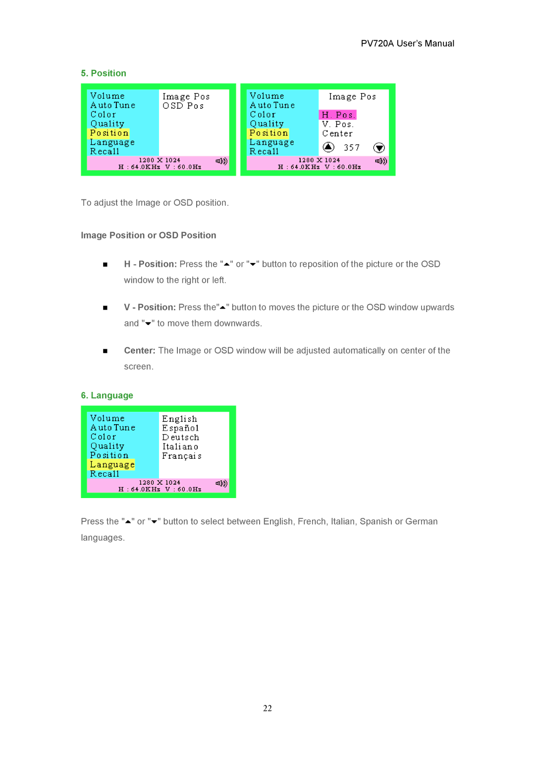 CTX PV720A user manual Image Position or OSD Position, Language 