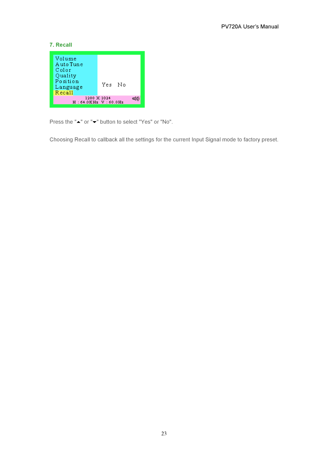 CTX PV720A user manual Recall 