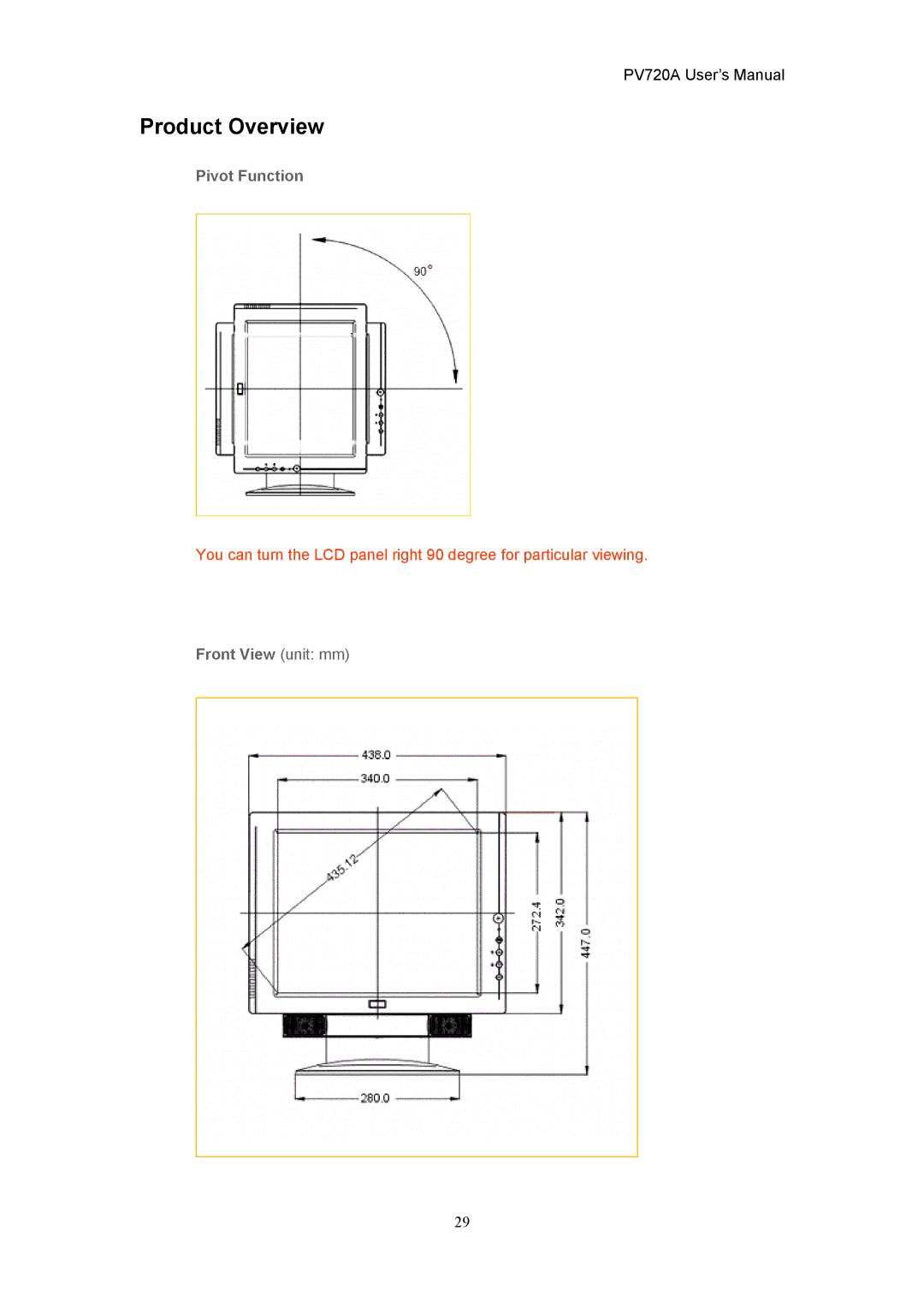 CTX PV720A user manual Product Overview, Pivot Function, Front View unit mm 