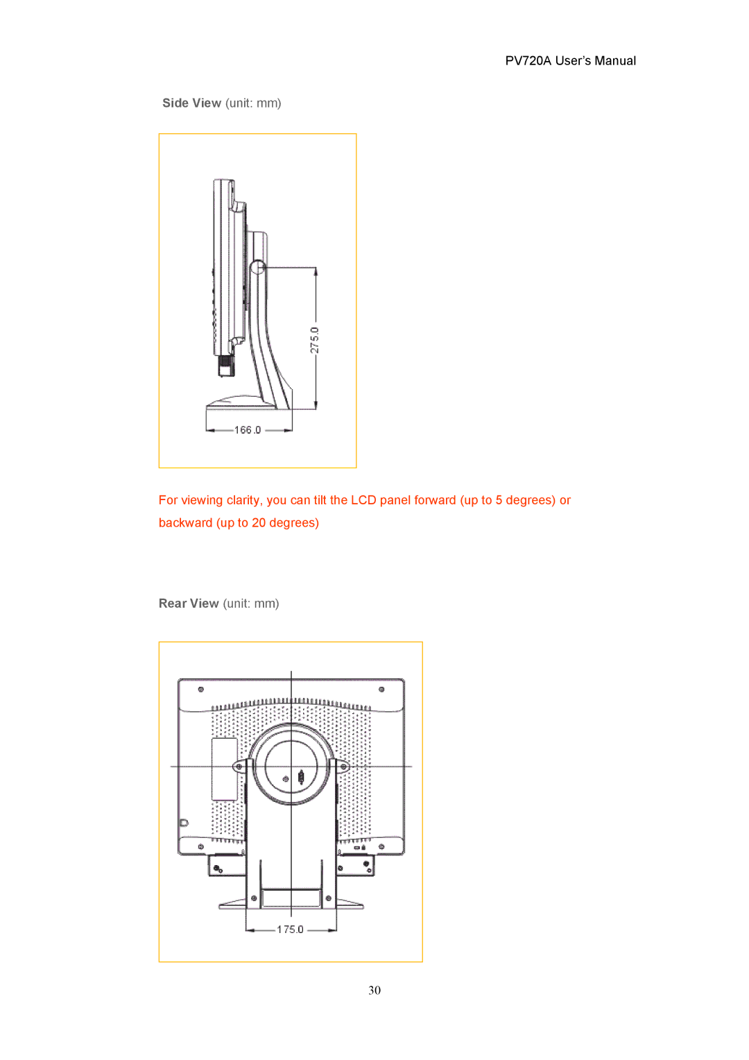 CTX PV720A user manual Side View unit mm, Rear View unit mm 