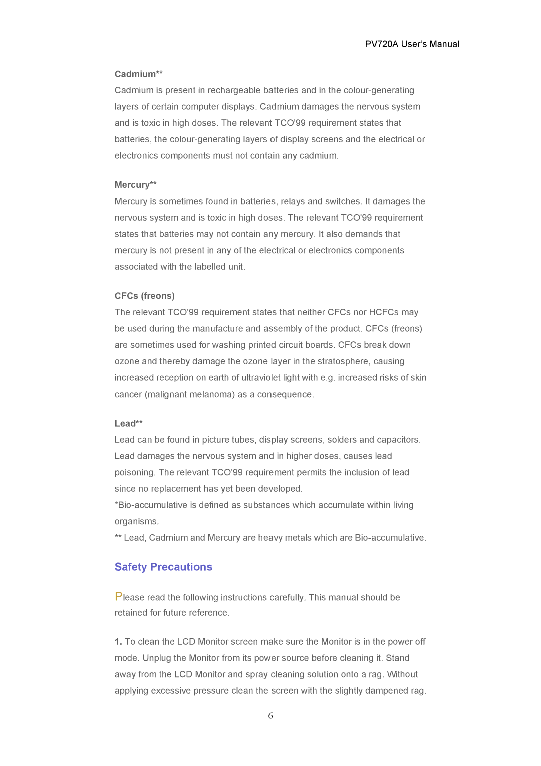 CTX PV720A user manual Safety Precautions, Cadmium, Mercury, CFCs freons, Lead 