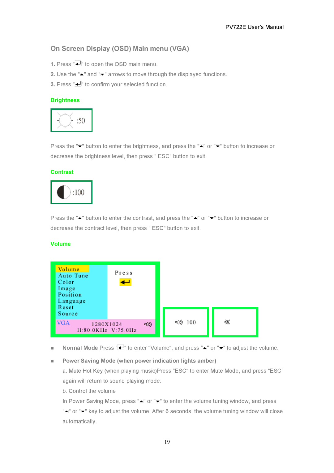 CTX PV722E user manual On Screen Display OSD Main menu VGA, „ Power Saving Mode when power indication lights amber 