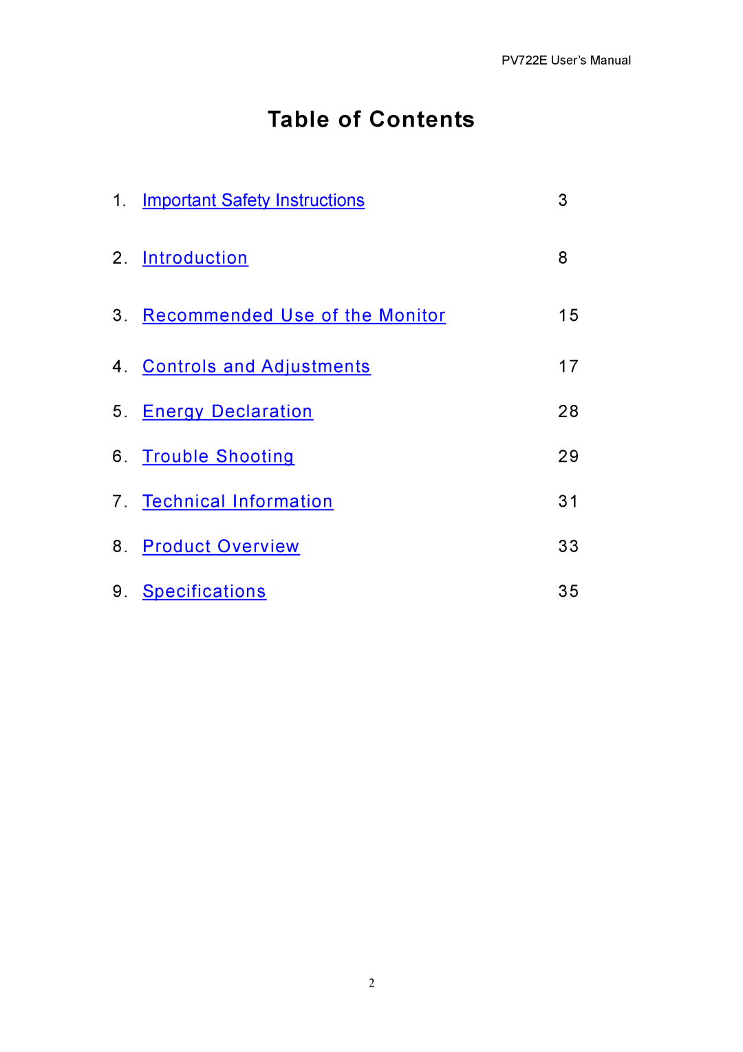 CTX PV722E user manual Table of Contents 