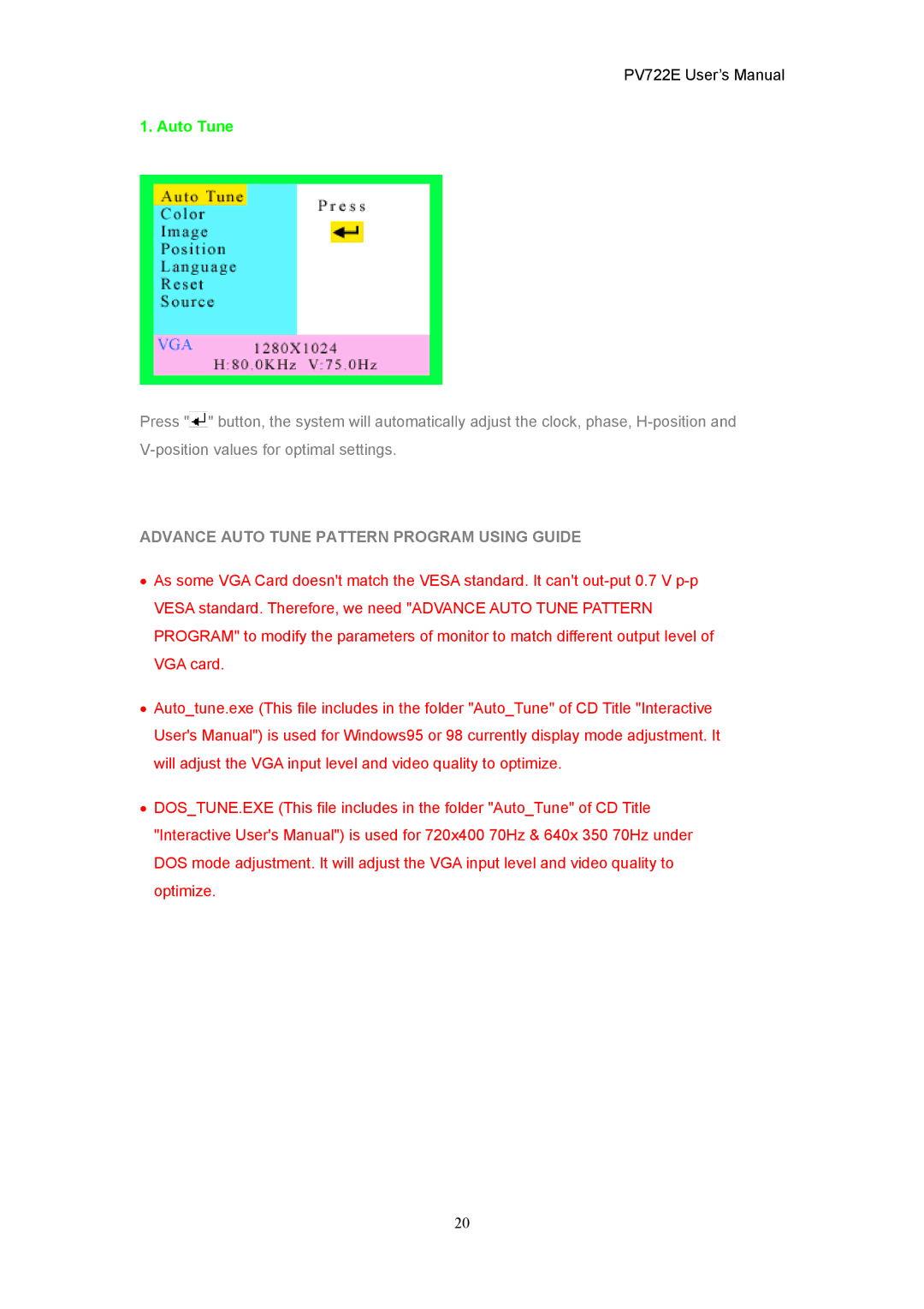 CTX PV722E user manual Advance Auto Tune Pattern Program Using Guide 