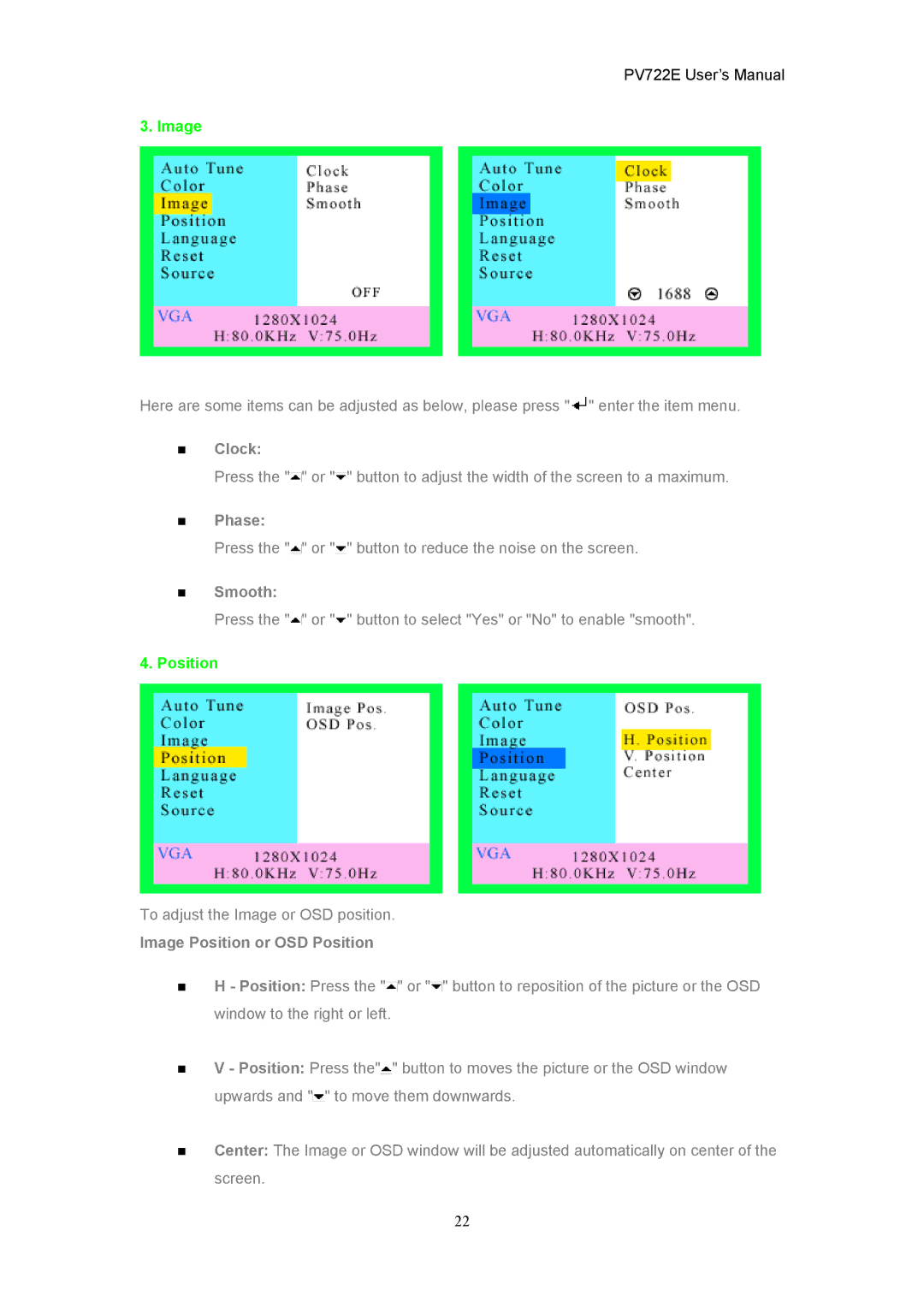 CTX PV722E user manual „ Clock, „ Phase, „ Smooth, Image Position or OSD Position 