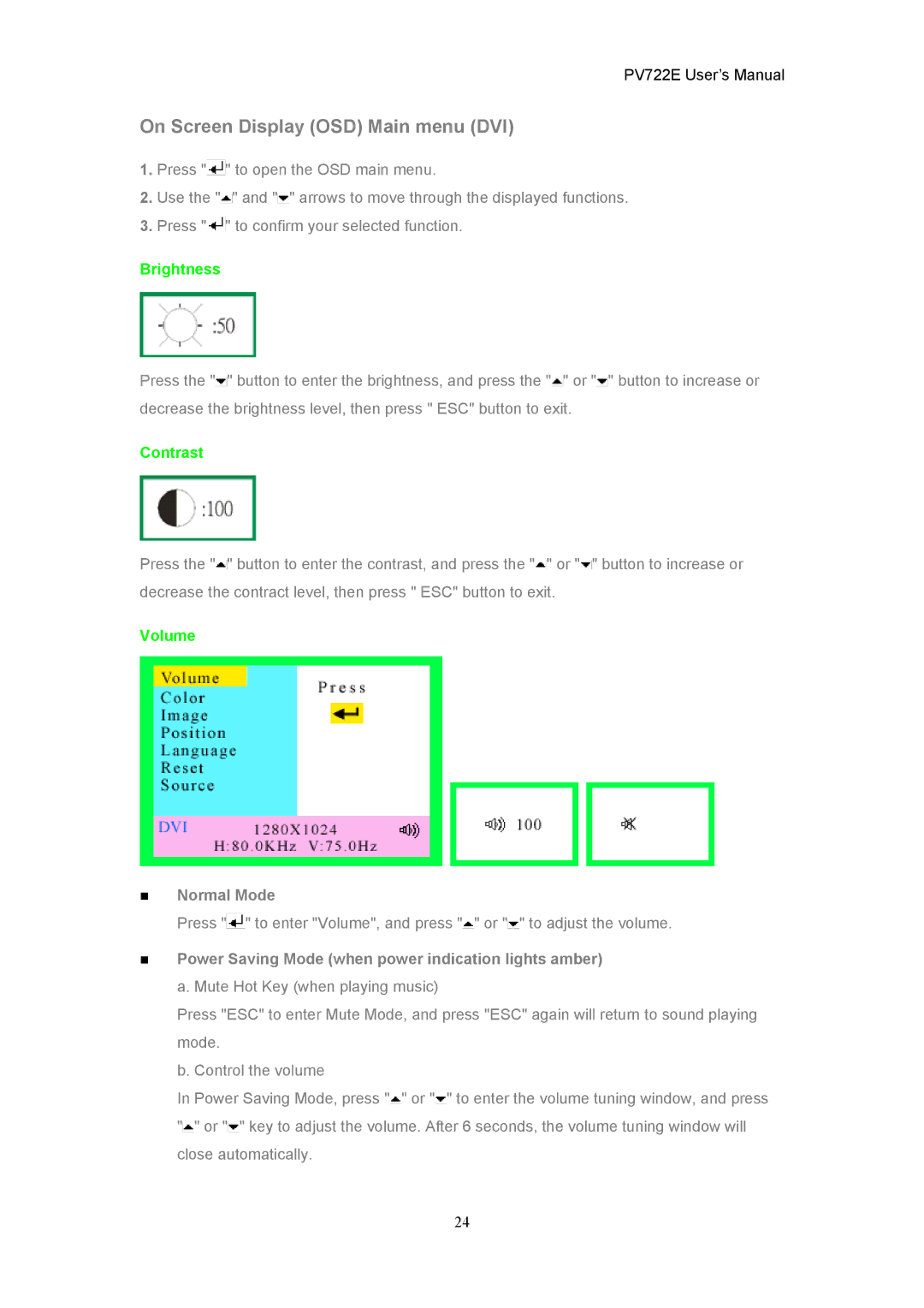 CTX PV722E user manual On Screen Display OSD Main menu DVI, „ Normal Mode 