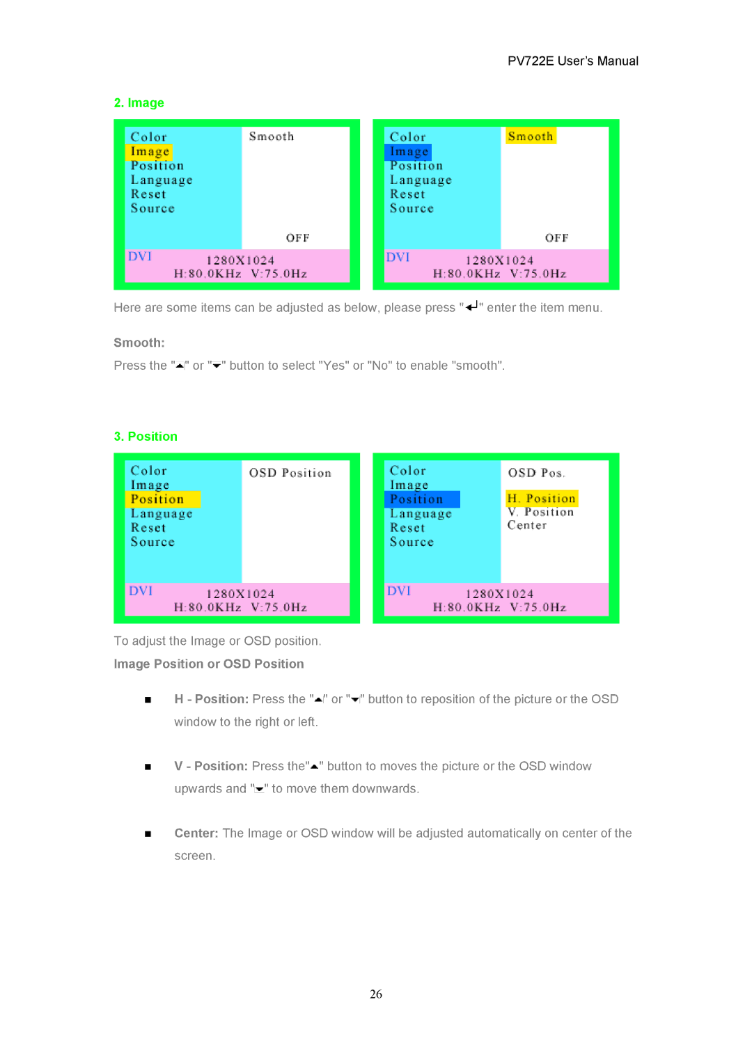 CTX PV722E user manual Smooth, Image Position or OSD Position 