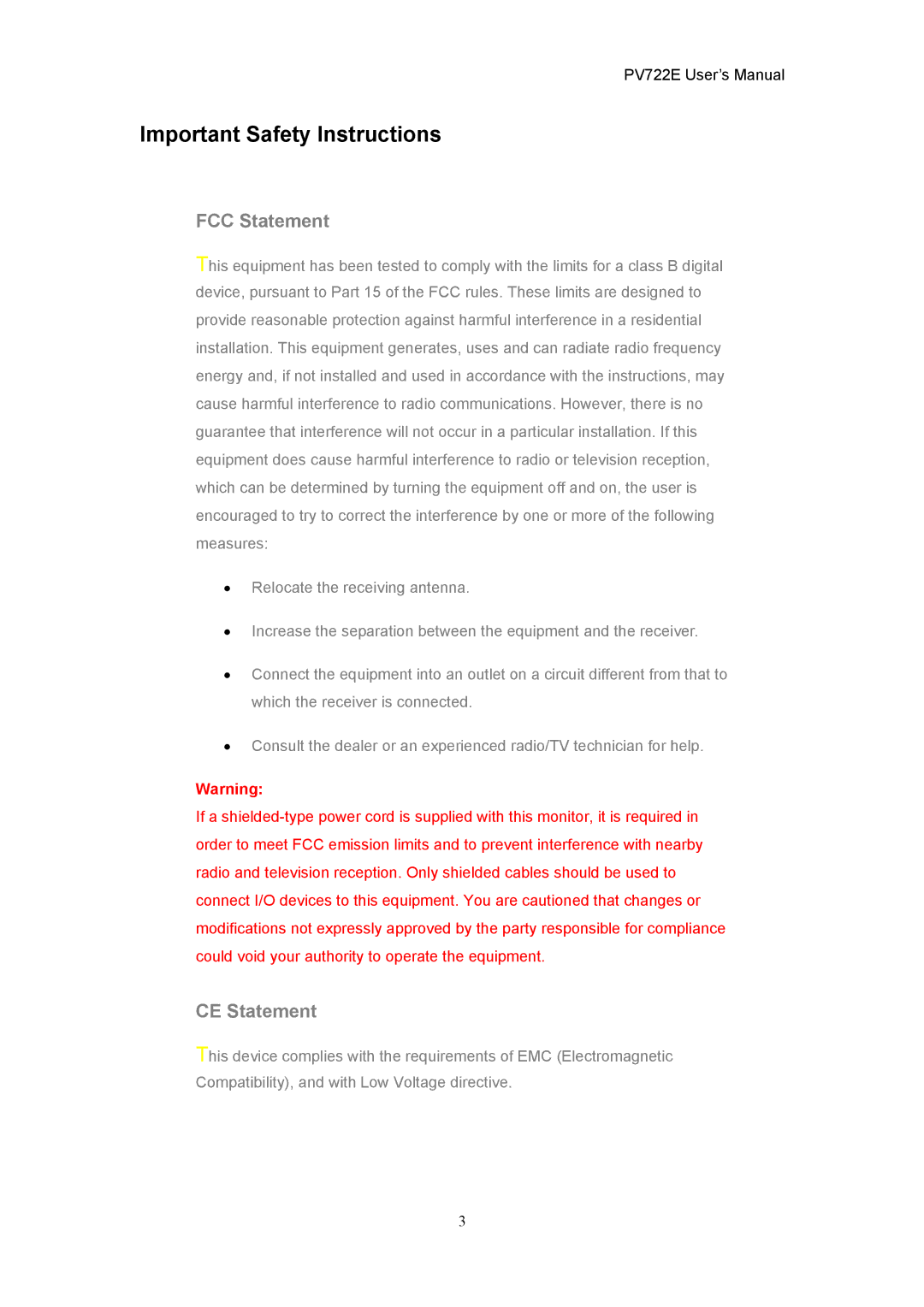 CTX PV722E user manual Important Safety Instructions, FCC Statement, CE Statement 