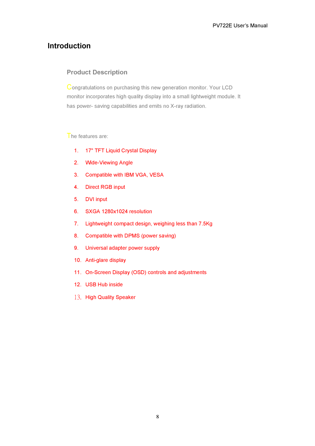 CTX PV722E user manual Introduction, Product Description 