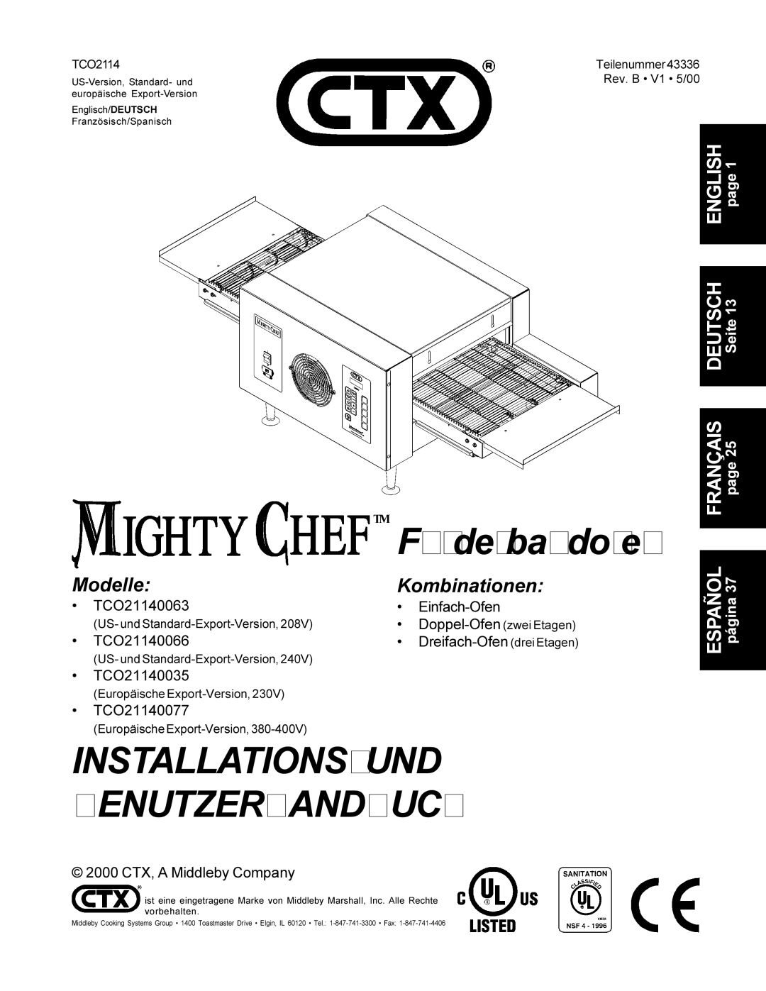 CTX TCO21140077, TCO21140063 manual US- und Standard-Export-Version, Europäische Export-Version, Teilenummer Rev. B V1 5/00 