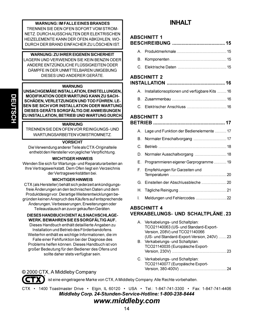 CTX TCO21140035 Abschnitt Beschreibung, Abschnitt Installation, Abschnitt Betrieb, Abschnitt VERKABELUNGS- UND Schaltpläne 