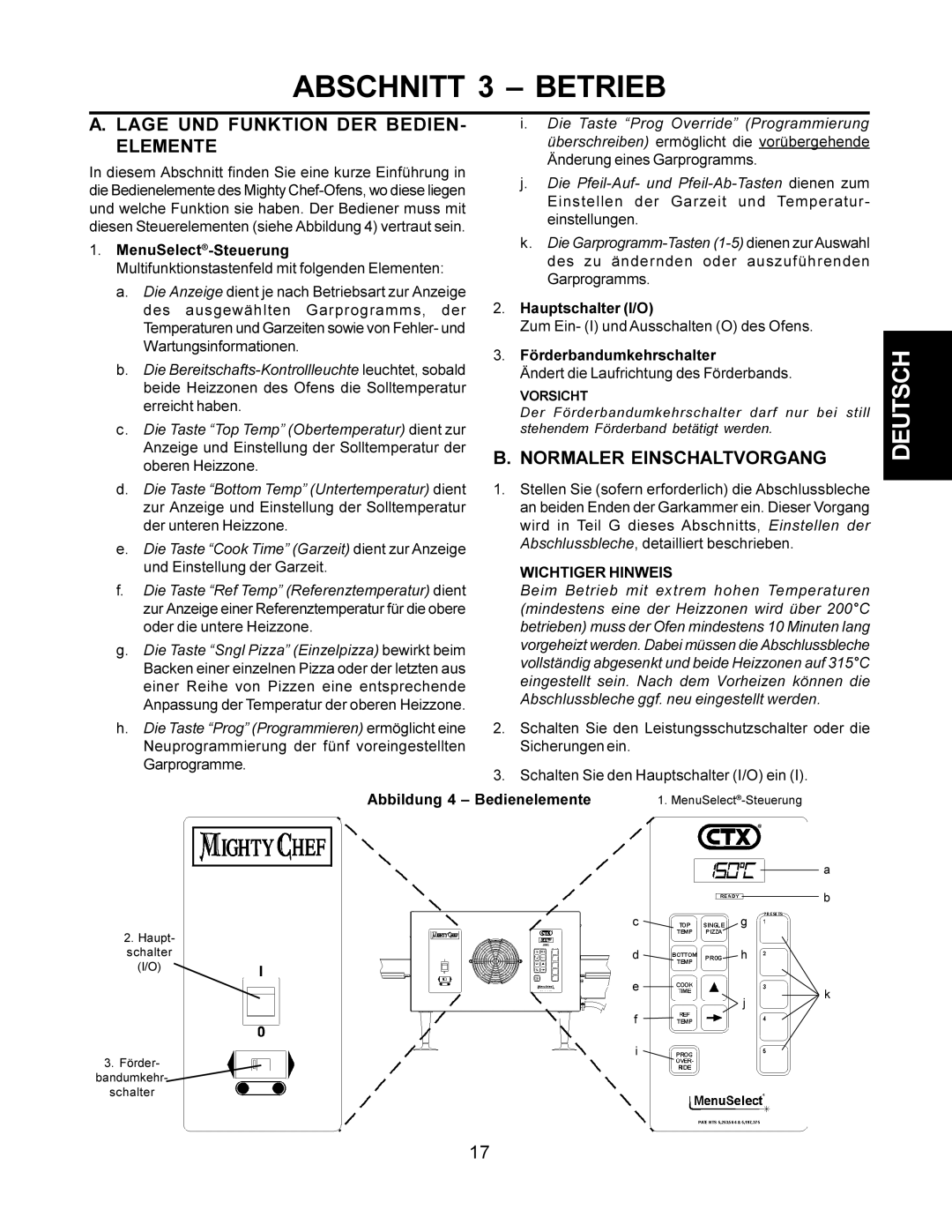 CTX TCO21140077, TCO21140063 manual Abschnitt 3 Betrieb, Lage UND Funktion DER BEDIEN- Elemente, Normaler Einschaltvorgang 