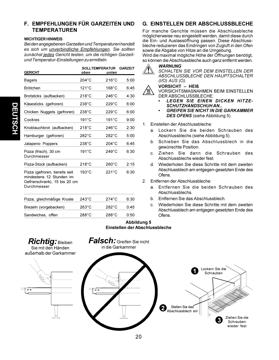 CTX TCO21140063, TCO21140077 manual Empfehlungen FÜR Garzeiten UND Temperaturen, Einstellen DER Abschlussbleche, Warnung 