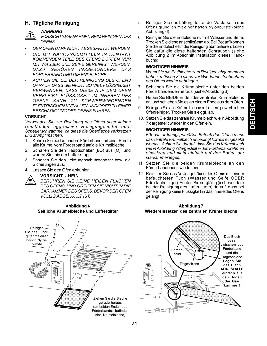 CTX TCO21140077, TCO21140063, TCO21140035, TCO21140066 manual Vorsicht HEIß, Abbildung Seitliche Krümelbleche und Lüftergitter 