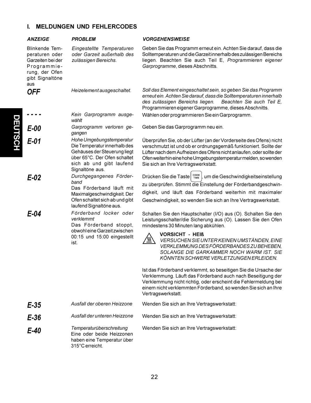 CTX TCO21140035, TCO21140063 manual Meldungen UND Fehlercodes, Anzeige, Problem, Vorgehensweise, Drücken Sie die Taste 