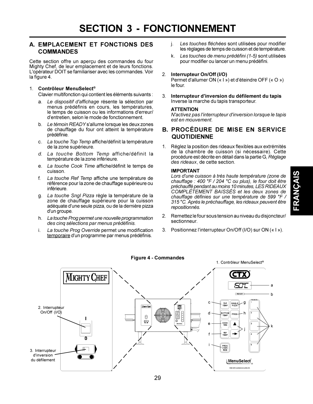 CTX TCO21140077 manual Fonctionnement, Emplacement ET Fonctions DES Commandes, Procédure DE Mise EN Service Quotidienne 