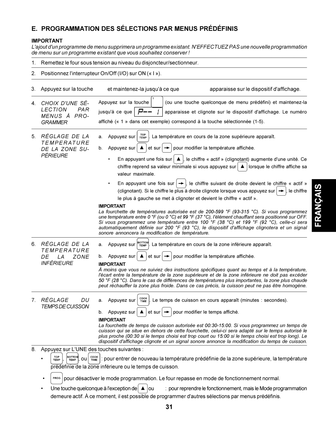 CTX TCO21140066, TCO21140063 Programmation DES Sélections PAR Menus Prédéfinis, Appuyez sur Lune des touches suivantes 