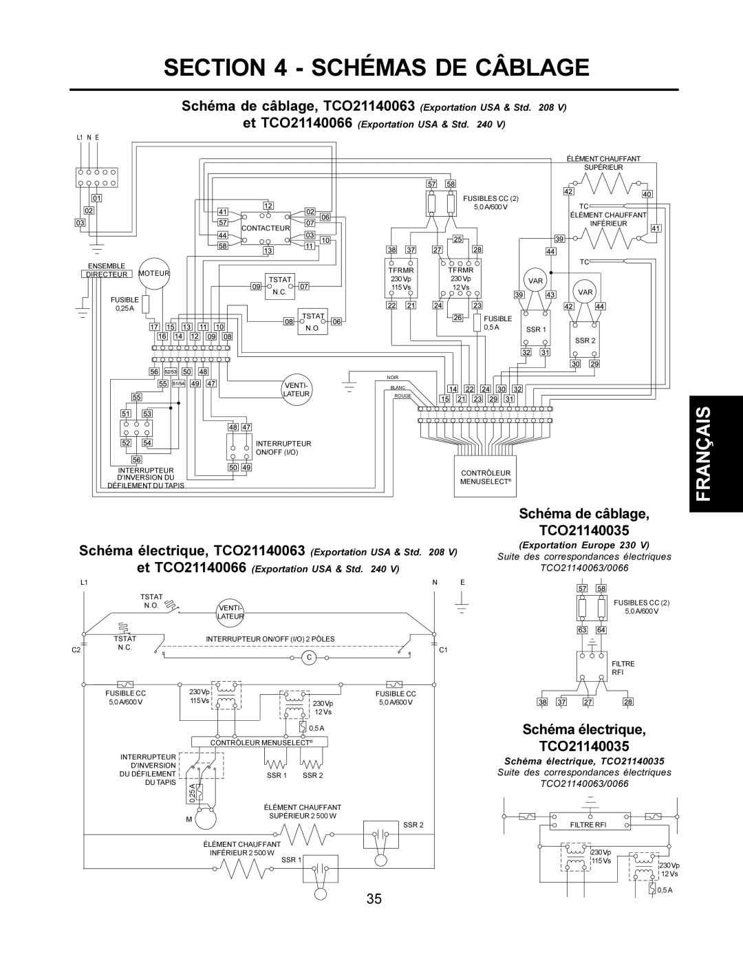 CTX TCO21140066, TCO21140077, TCO21140035 manual Schémas DE Câblage, Schéma de câblage, TCO21140063 Exportation USA & Std 