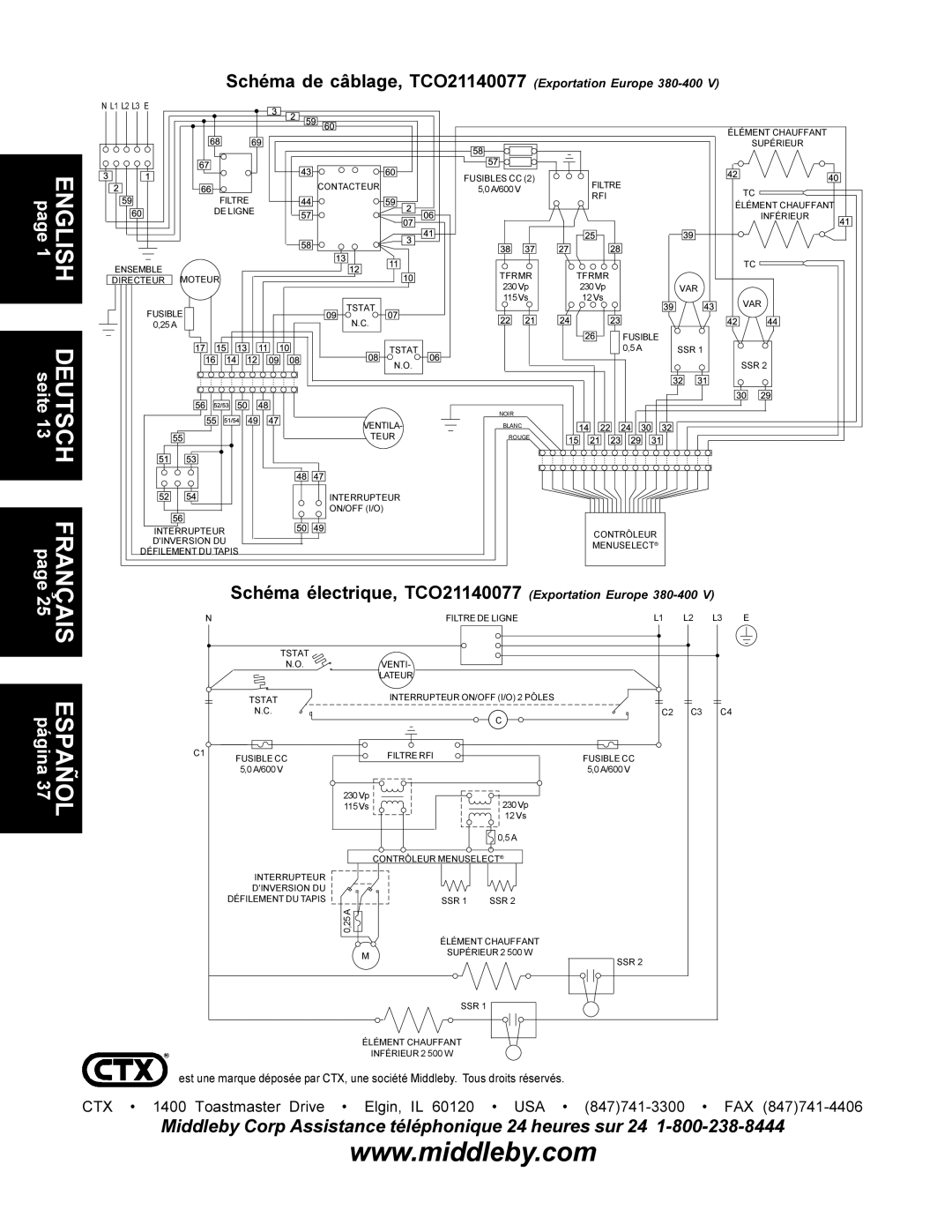 CTX TCO21140063, TCO21140035, TCO21140066 manual Schéma de câblage, TCO21140077 Exportation Europe 380-400 