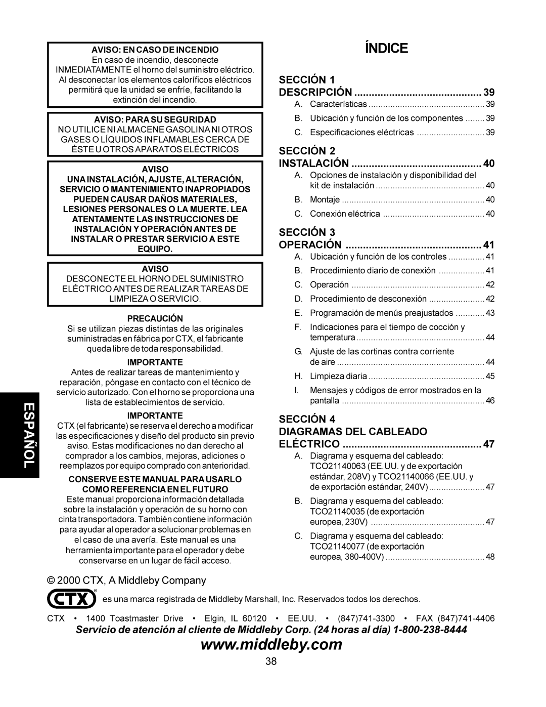 CTX TCO21140035 Sección Descripción, Sección Instalación, Sección Operación, Sección Diagramas DEL Cableado Eléctrico 