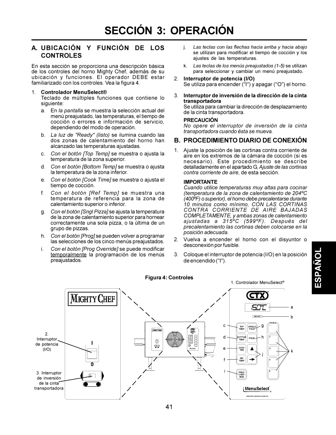 CTX TCO21140077, TCO21140063 Sección 3 Operación, Ubicación Y Función DE LOS Controles, Procedimiento Diario DE Conexión 