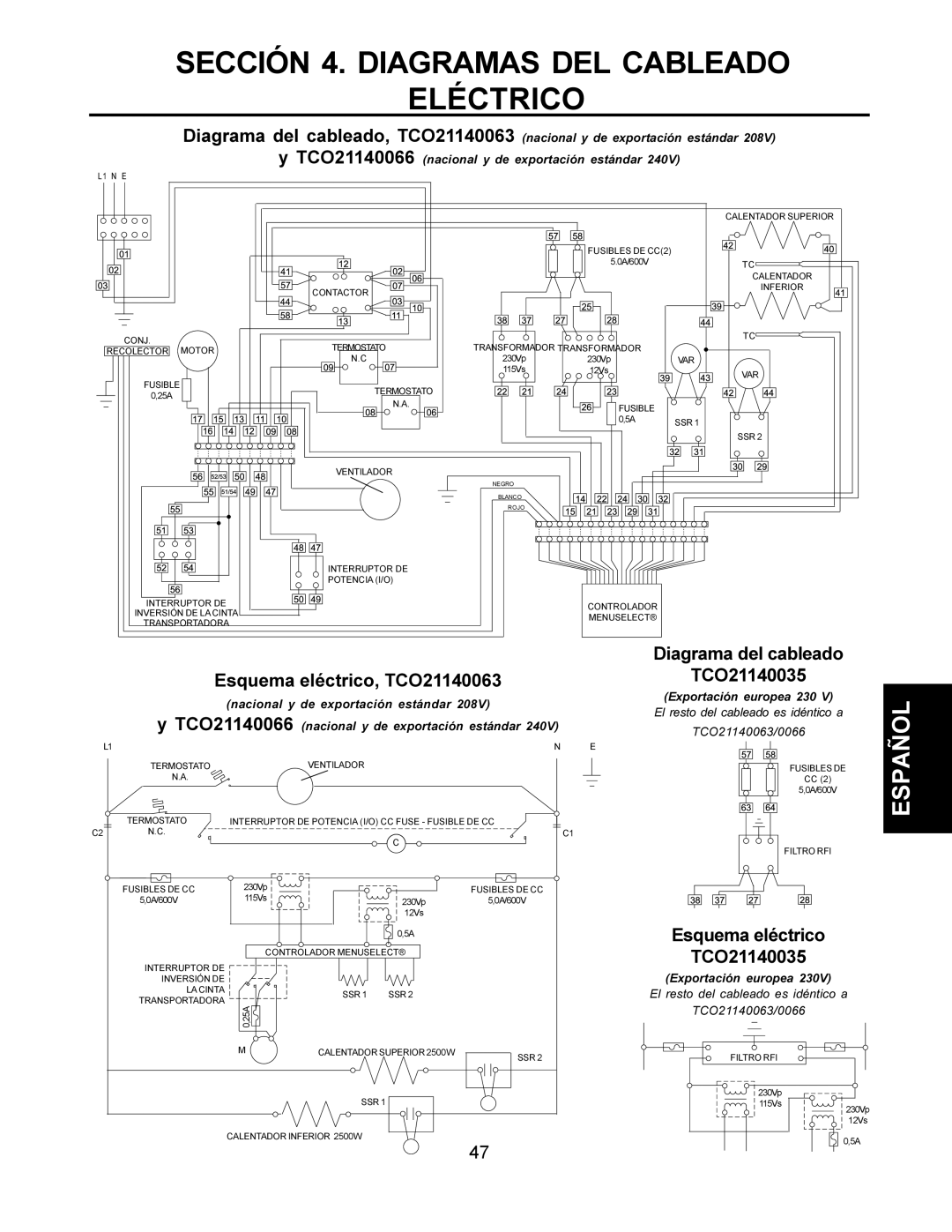 CTX TCO21140066, TCO21140063, TCO21140077, TCO21140035 manual Sección 4. Diagramas DEL Cableado Eléctrico, Exportación europea 