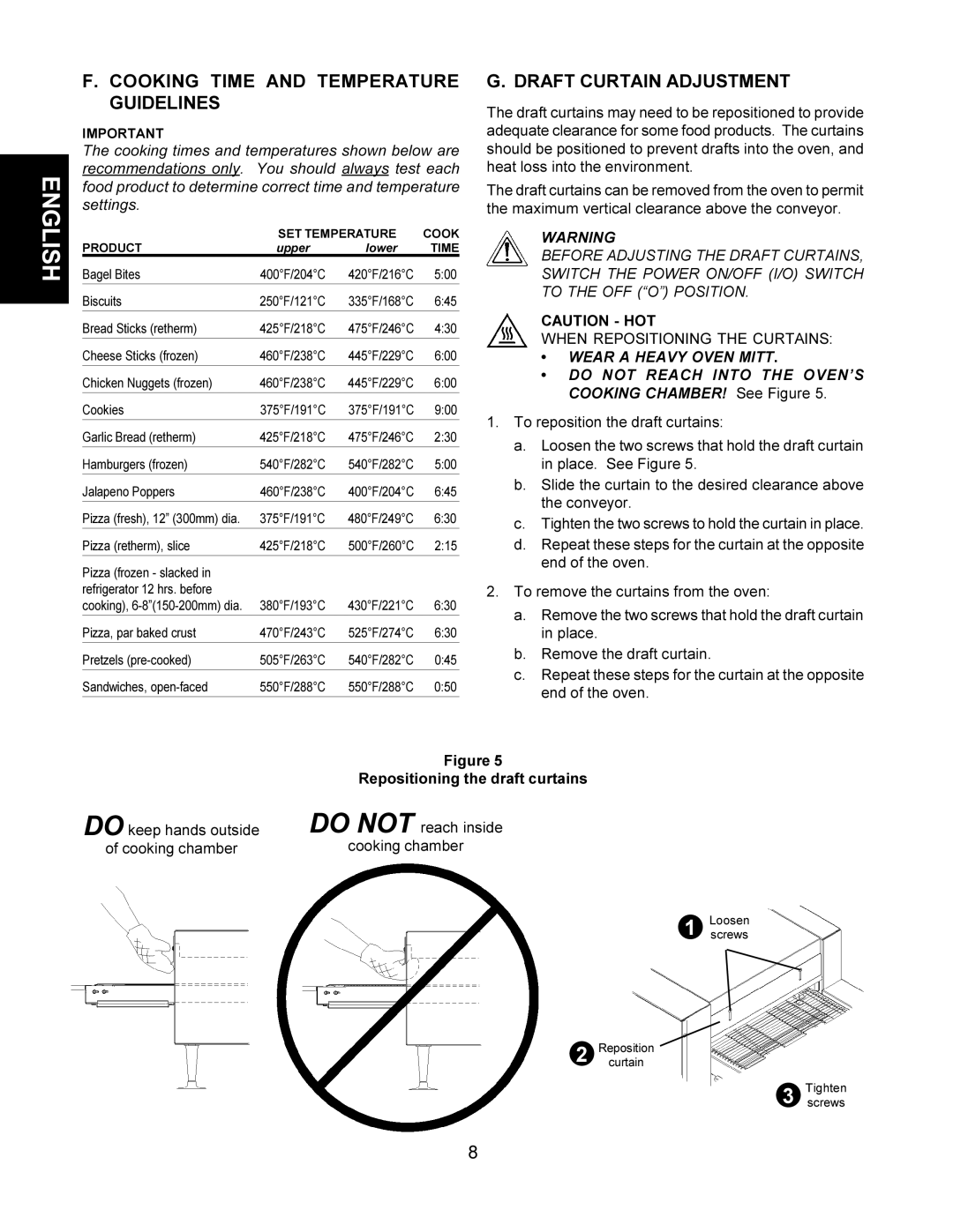 CTX TCO21140063 Cooking Time and Temperature Guidelines, Draft Curtain Adjustment, Wear a Heavy Oven Mitt, Cooking chamber 