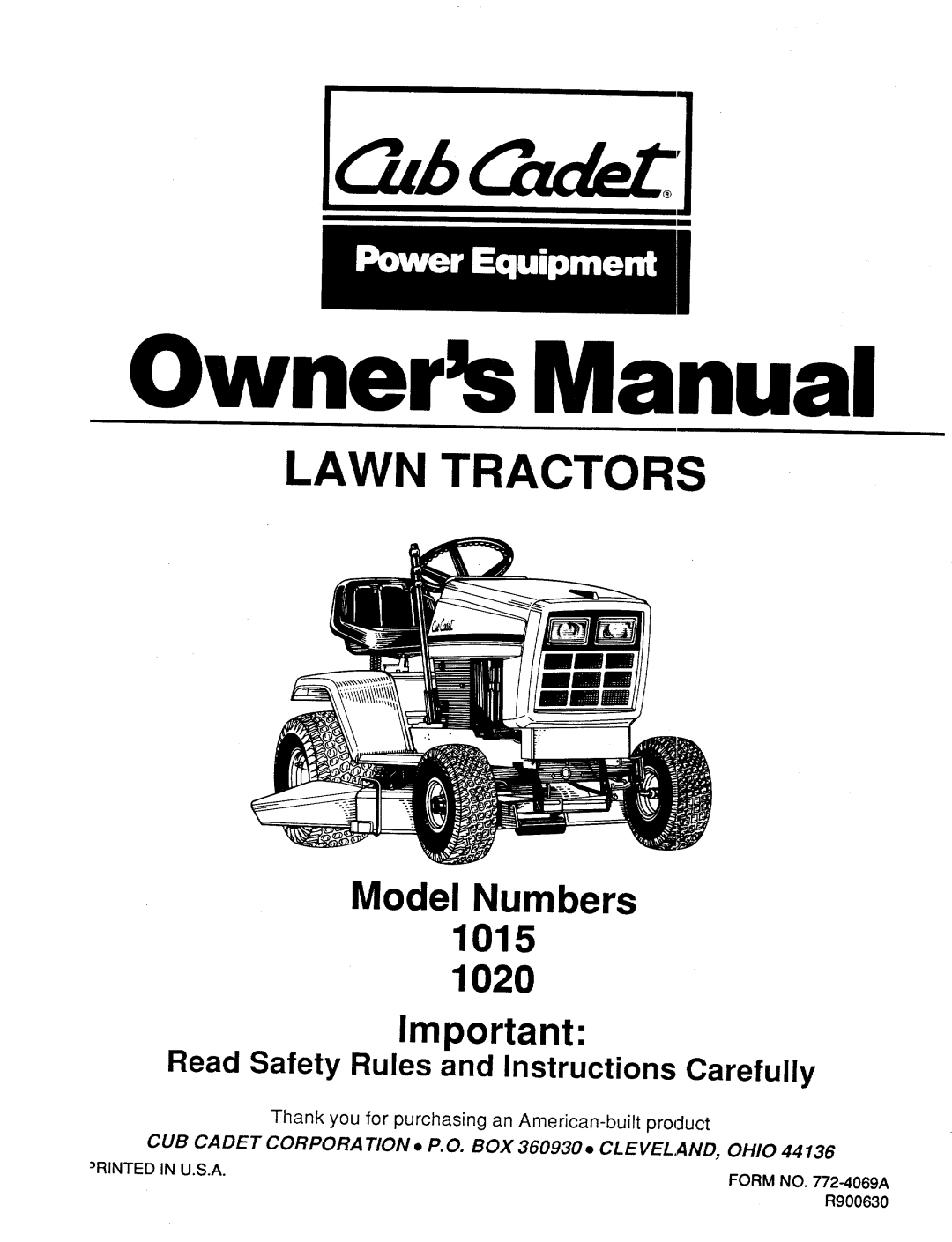 Cub Cadet 1015, 1020 manual 