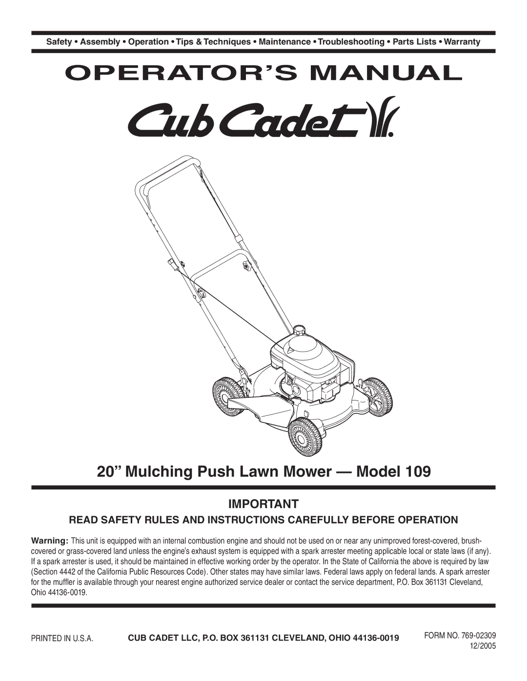 Cub Cadet 109 warranty OPERATOR’S Manual 